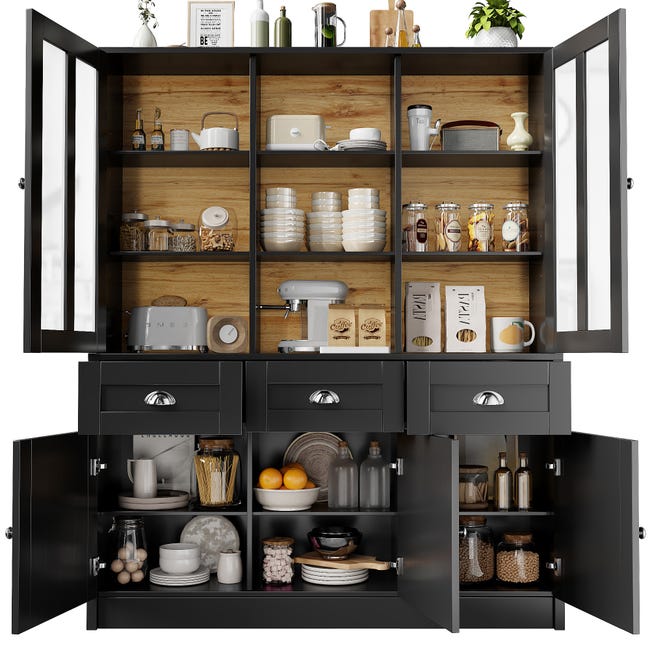 Armoire De Cuisine/buffet 90x40x90 Cm Avec éclairage LED - Portes Acrylique Coulissantes - 3 Tiroirs - Marron