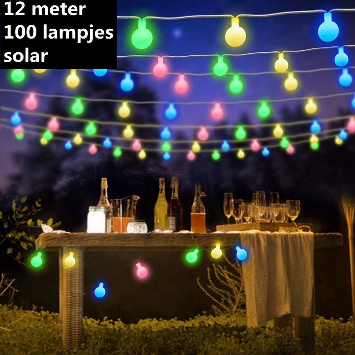 Iluminat de grădină cu energie solară, cu sferă luminoasă rotundă, lungime 12 metri, 100 LED-uri, 8 moduri de intermitere, multicolor