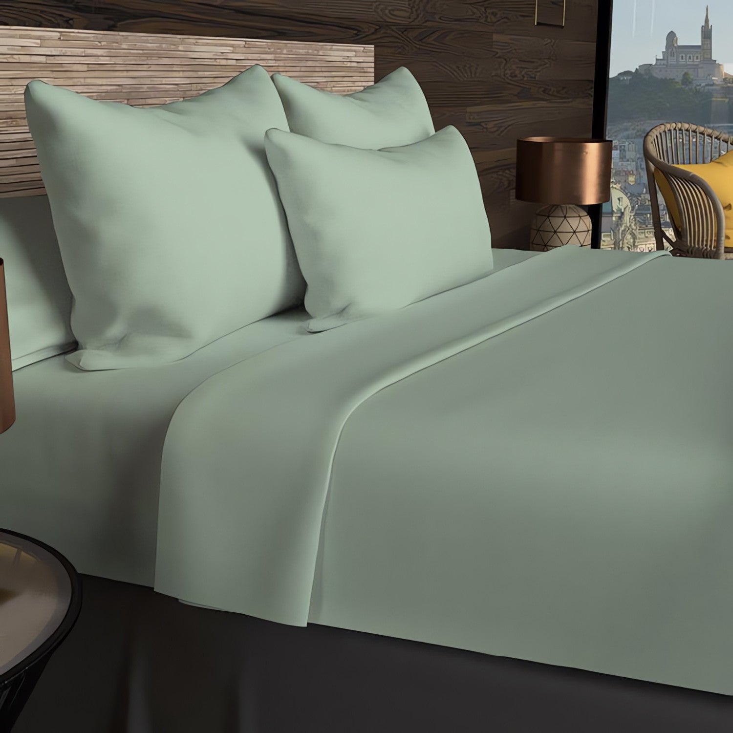 Drap housse en coton 57 fils 180x200 cm UNI vert d'eau, par Soleil d'ocre - 3