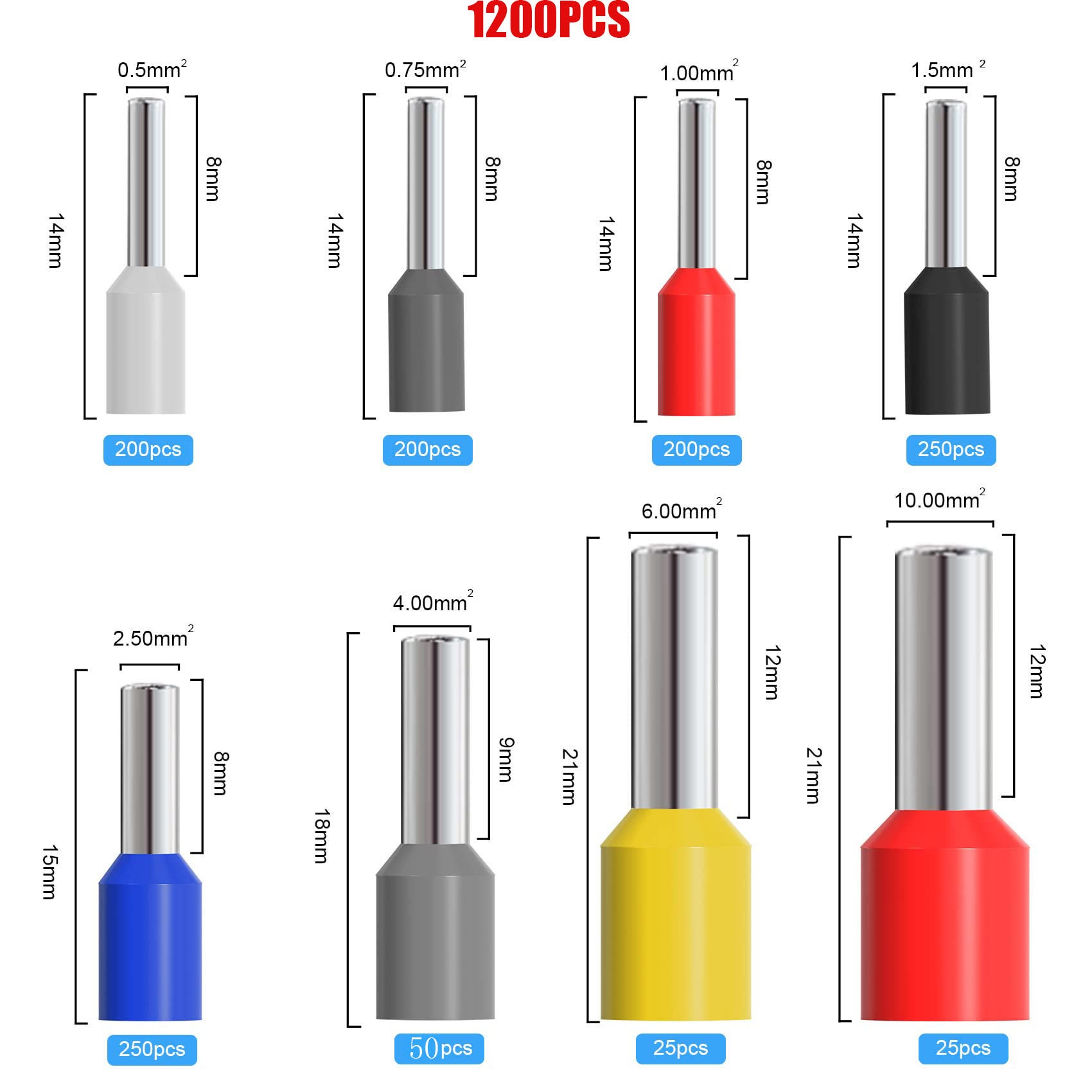 Pinza crimpatrice con 1200 capicorda, set di capicorda, pinza per capicorda con funzione a cricchetto, utensile crimpatore per 0,25-10,00 mm² - 2