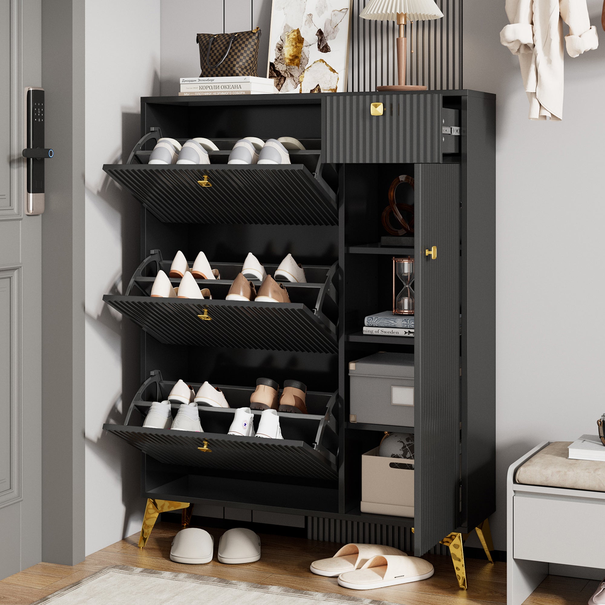 Dulap de pantofi cu 3 sertare, 1 sertar și 1, raft de pantofi, basculantă îngustă, basculantă îngustă Specificații Dimensiuni L90/P25/H121 cm
