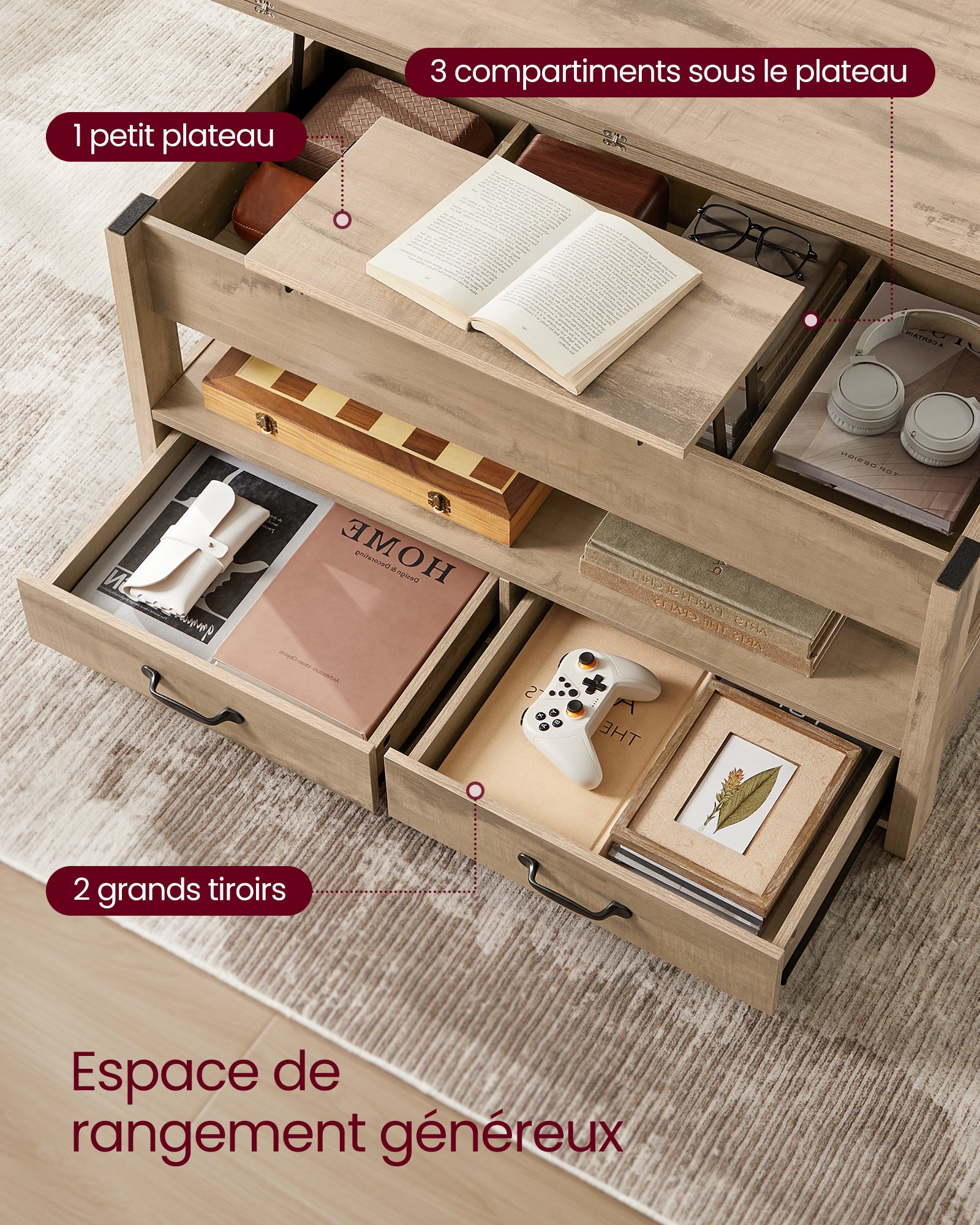 Table de Salon Relevable, Vérin à Gaz, 2 Tiroirs et 3 Compartiments sous Le Plateau, 1 Compartiment Ouvert, pour Salon, Bureau, Marron Camel - 4