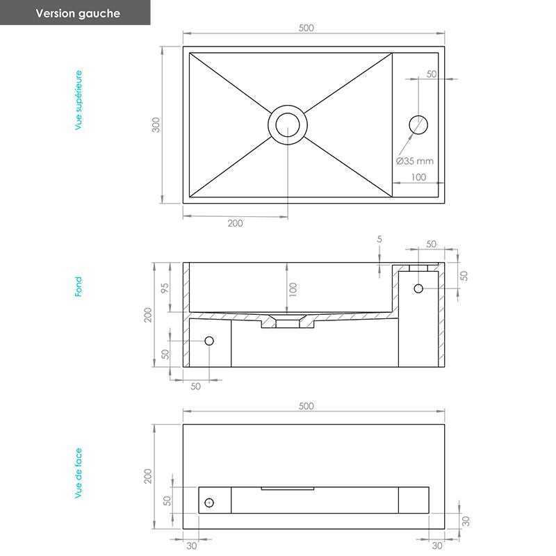 EASY 50 GAUCHE - Lave-mains suspendu en Solid Surface 50 x 30 x 20(h) cm - 4