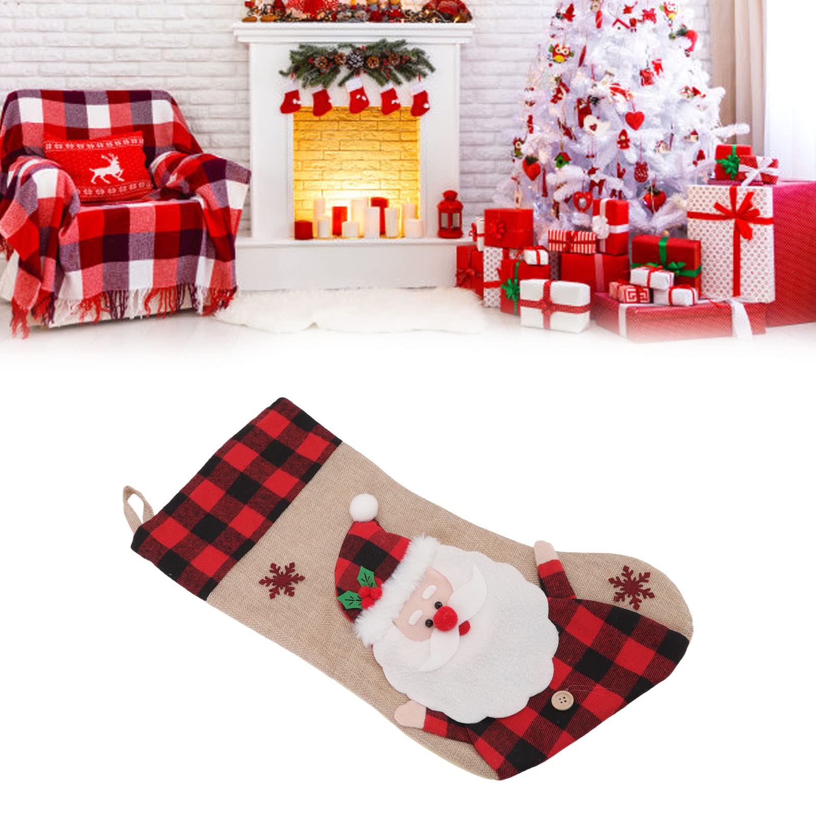 Decoración navideña, media navideña con patrón 3D de cuadros rojos para colgar en la pared - 3