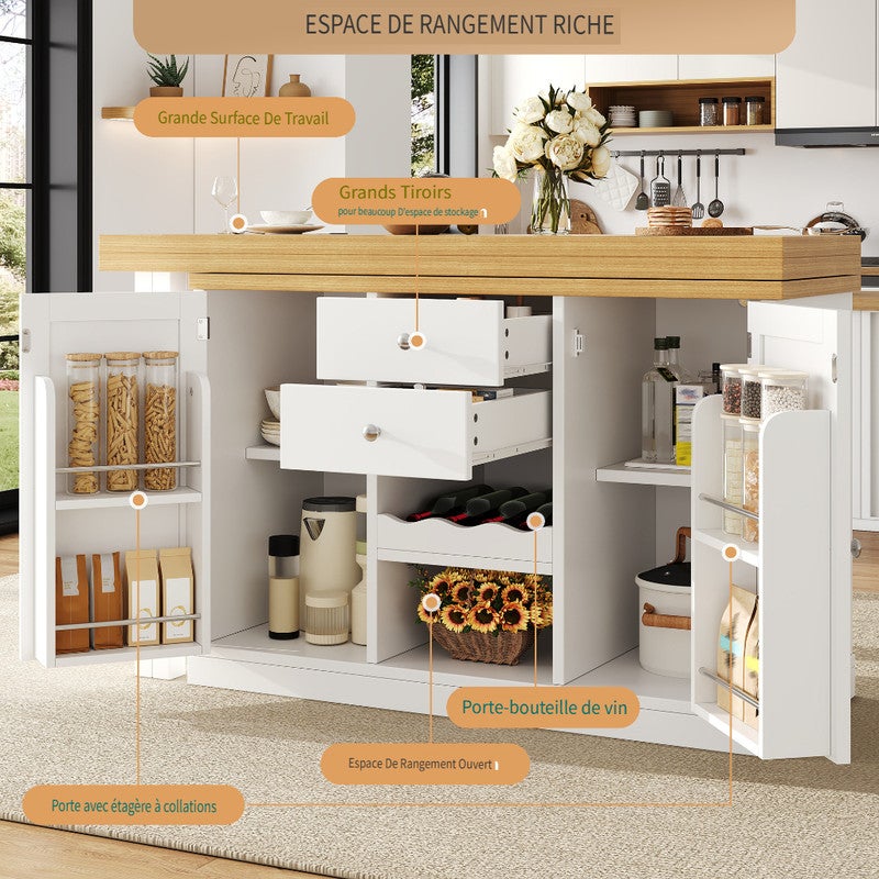 Table bar extensible,Îlot cuisine pivotant 360° avec casier à vin et rayon à grignotage,ilot central cuisine,Porte d'armoire magnétique,Blanc - 9