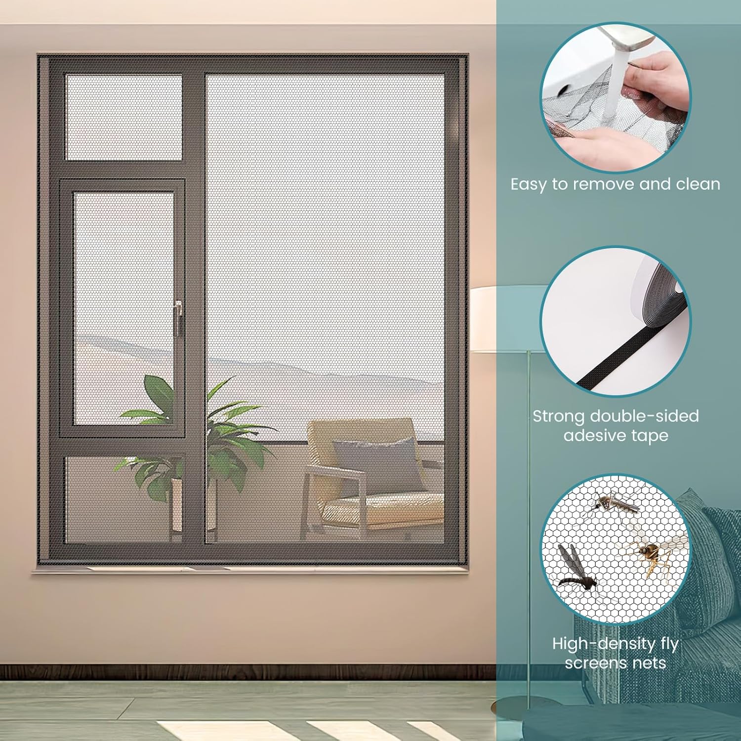 Moskitiera okienna DIY, regulowana i trwała moskitiera do drzwi i okien, czarna, 130 x 150 cm