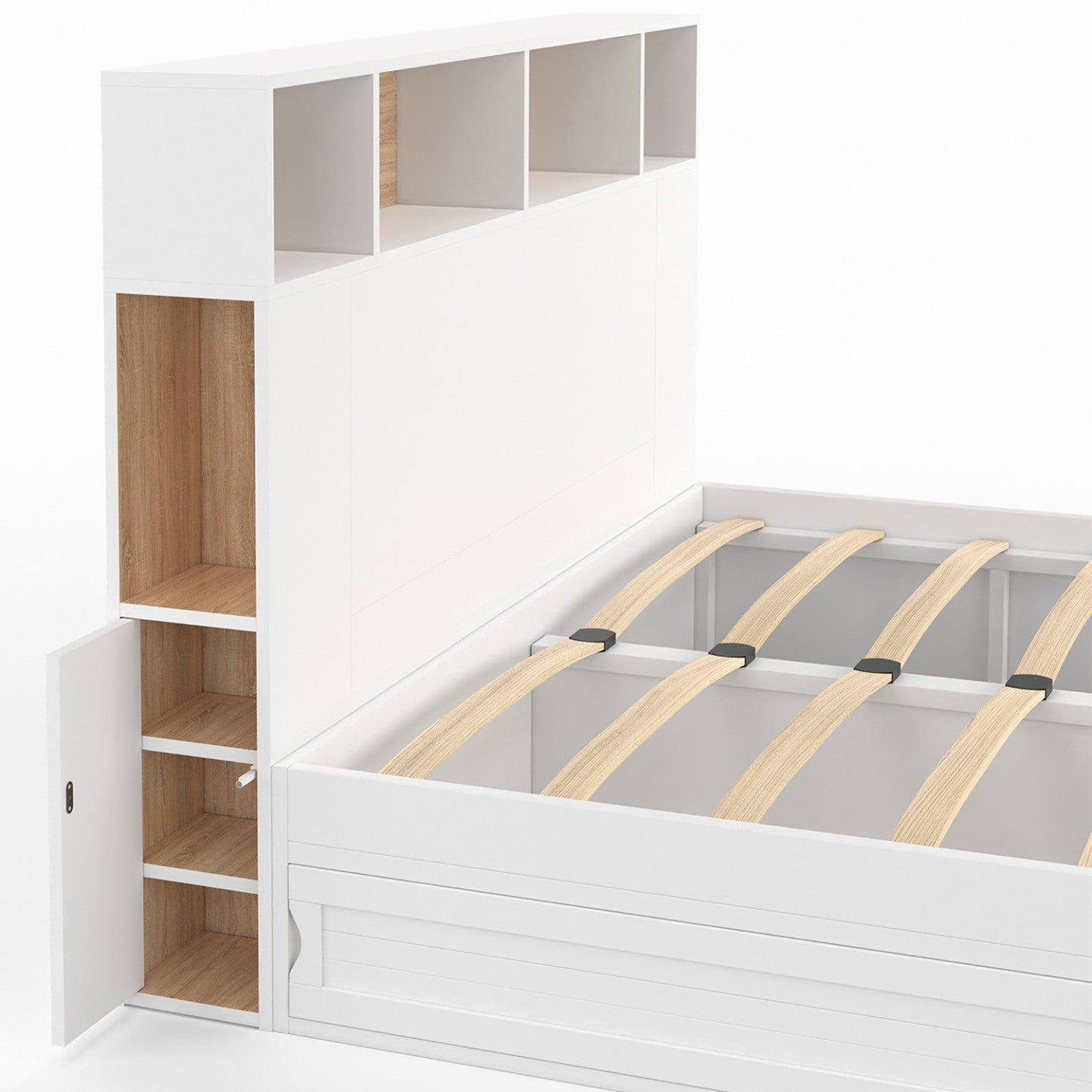 Lit double CLEM avec tête de lit, rangements et sommier 140 x 190 cm blanc - 5