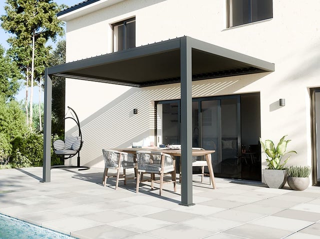 Pergola Bioclimatica Addossata Motorizzata 12m² 3x4m Grigio Antracite STELLAR - Illuminazione Integrata