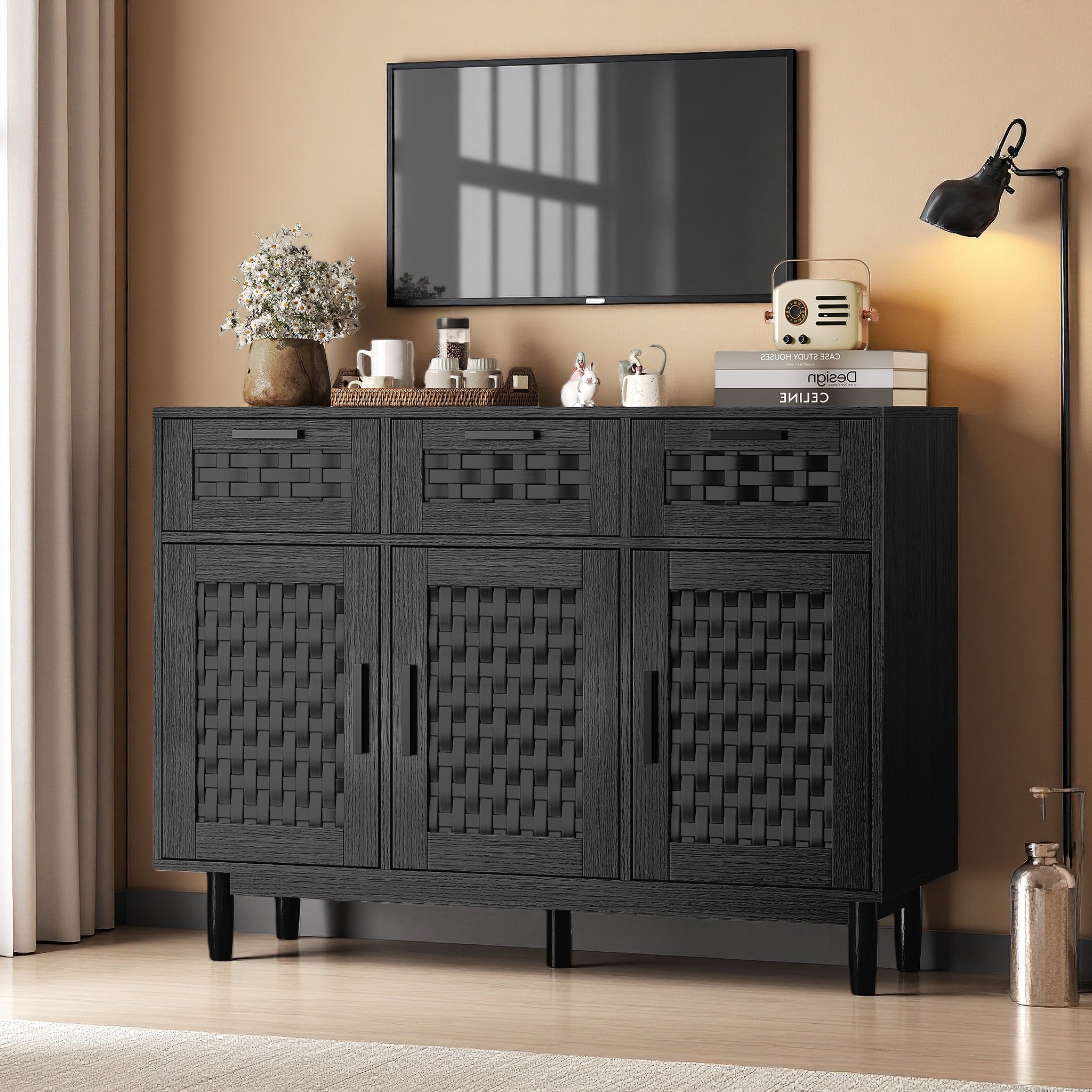 Buffet, meuble de rangement en bois noir, avec 3 portes et 3 tiroirs, meuble de rangement pour le salon, portes à motif tressé - 2