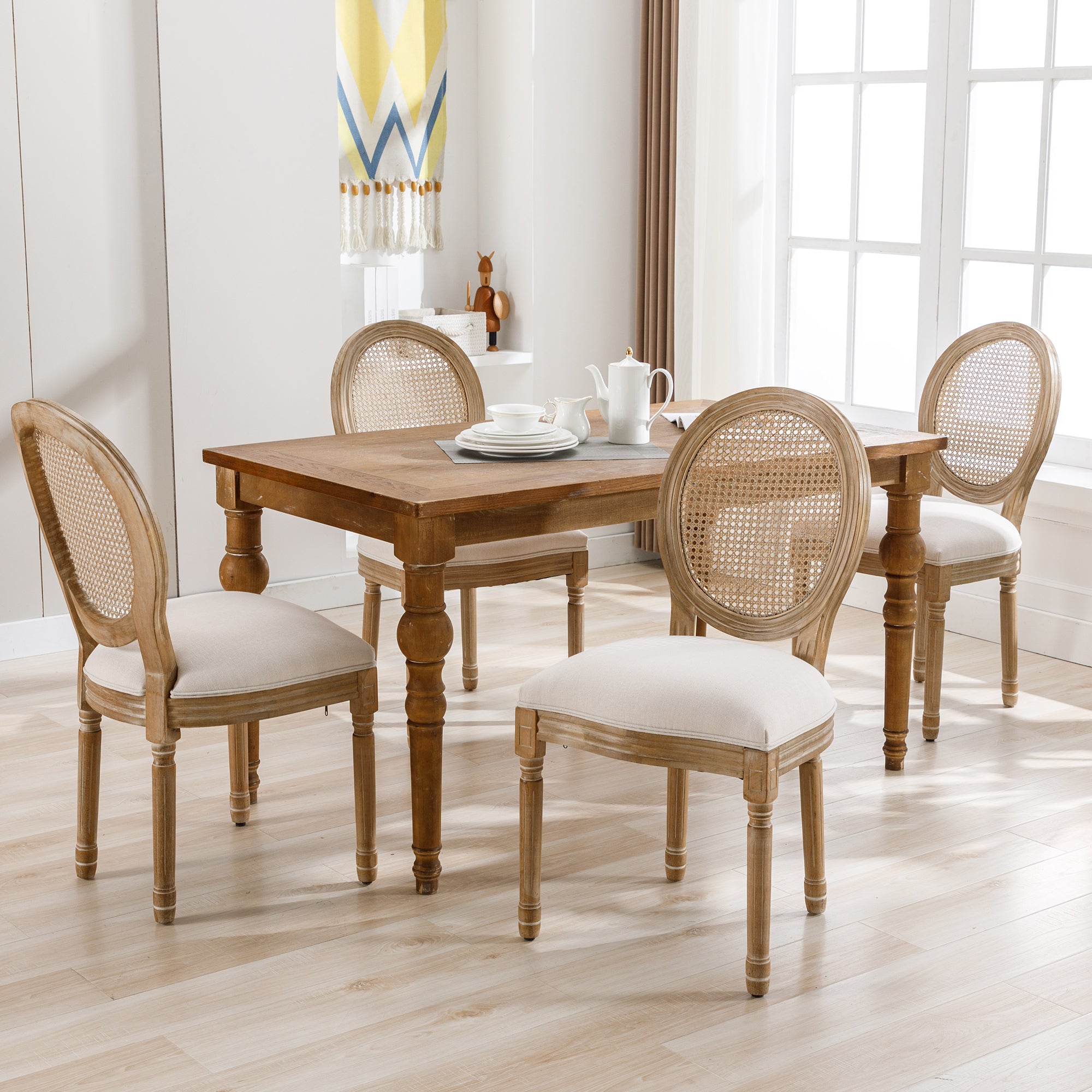 Chaises de salle à manger Ensemble de 4 chaises de cuisine avec dossier en rotin Chaise rembourrée Louis avec dossier rond Chaise médaillon, pieds en - 2