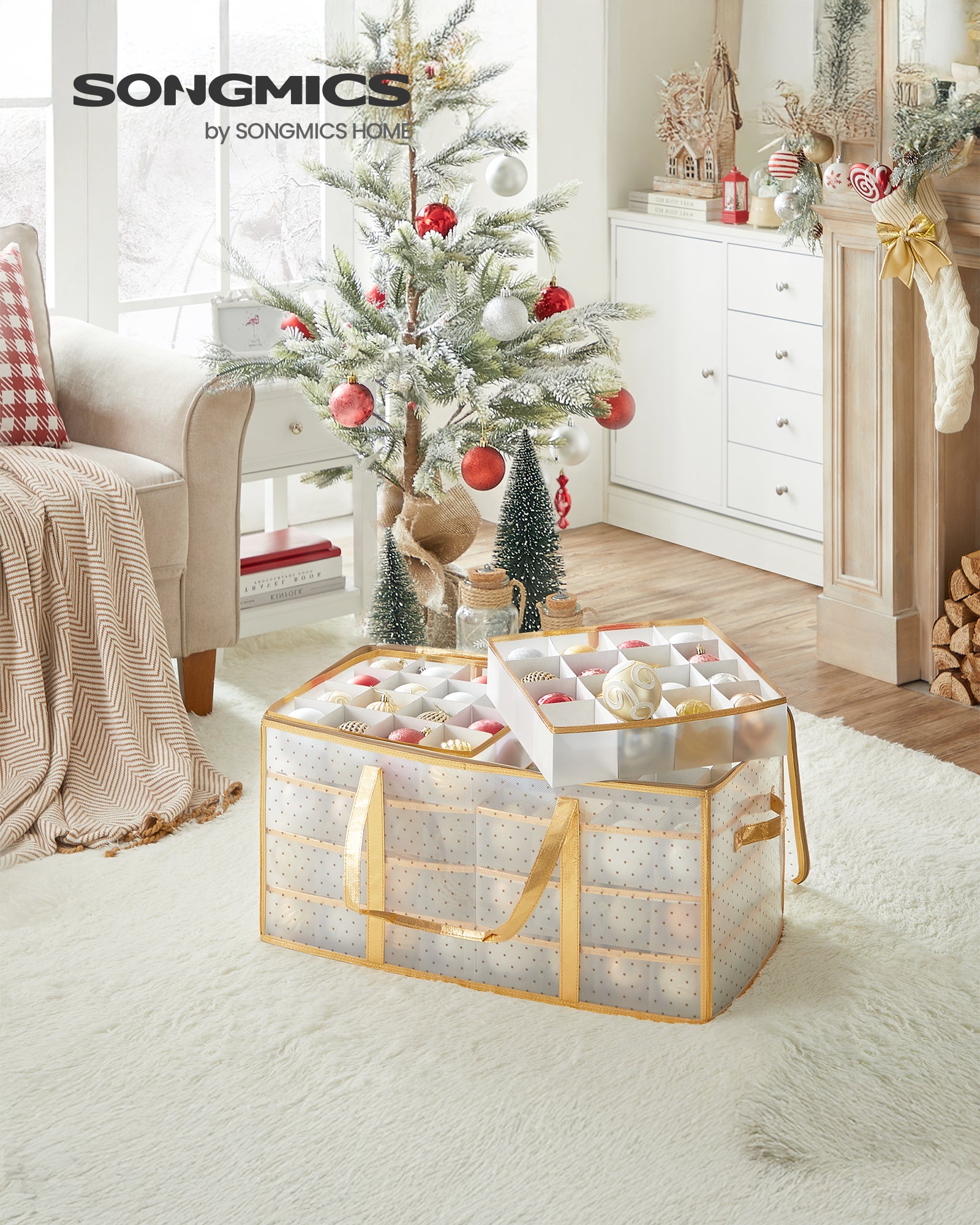 Boîtes de Rangement pour Noël, Coffre pour Boules de Noël et Décorations, 128 Compartiments, Séparateurs Modulables, 64,5 x 33,5 x 34 cm, Doré Sable - 2