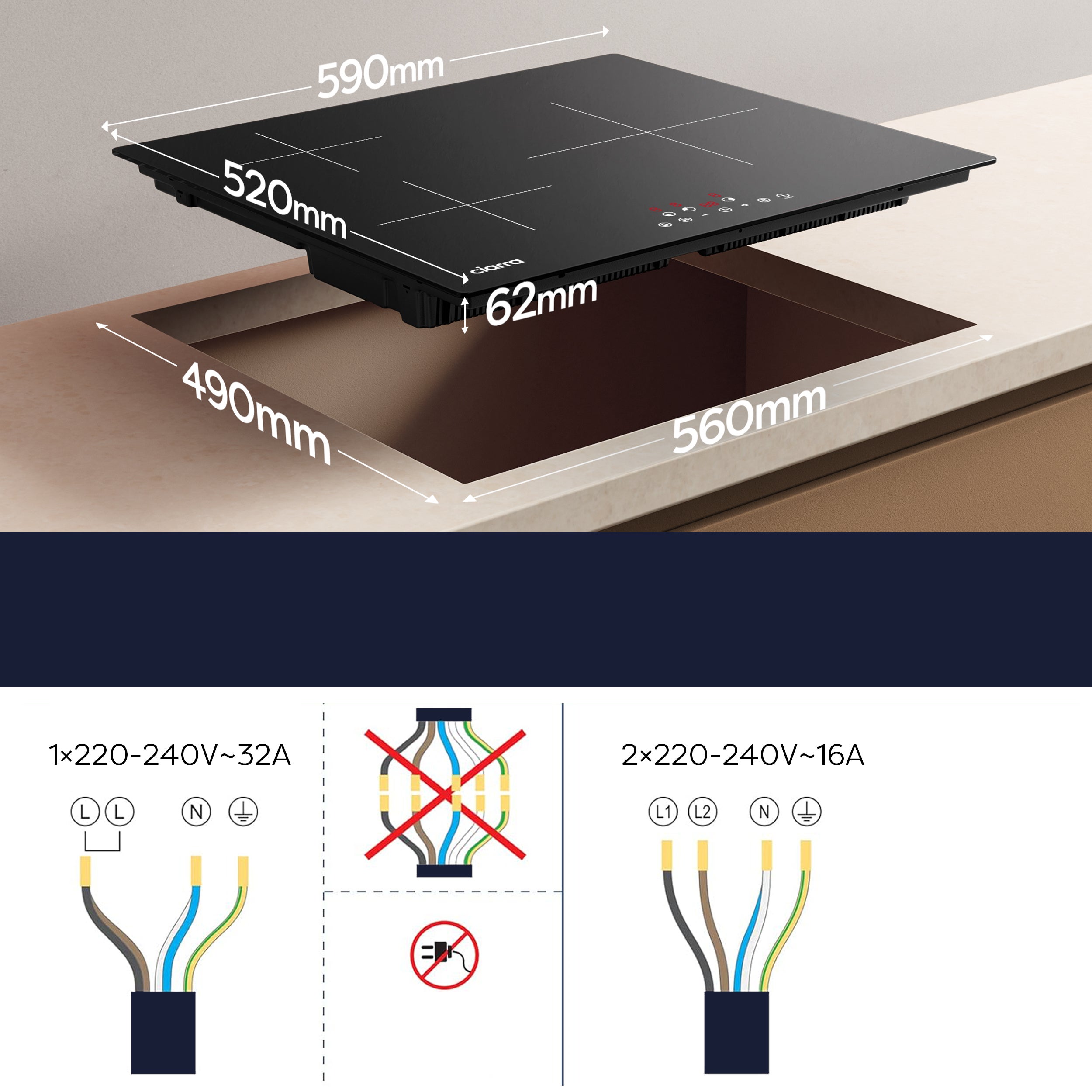 CIARRA Plaque Induction 3 Foyers 6200W 59x52cm Booster Auto-Stop 99 Mins Minuterie CD3BIH - 7