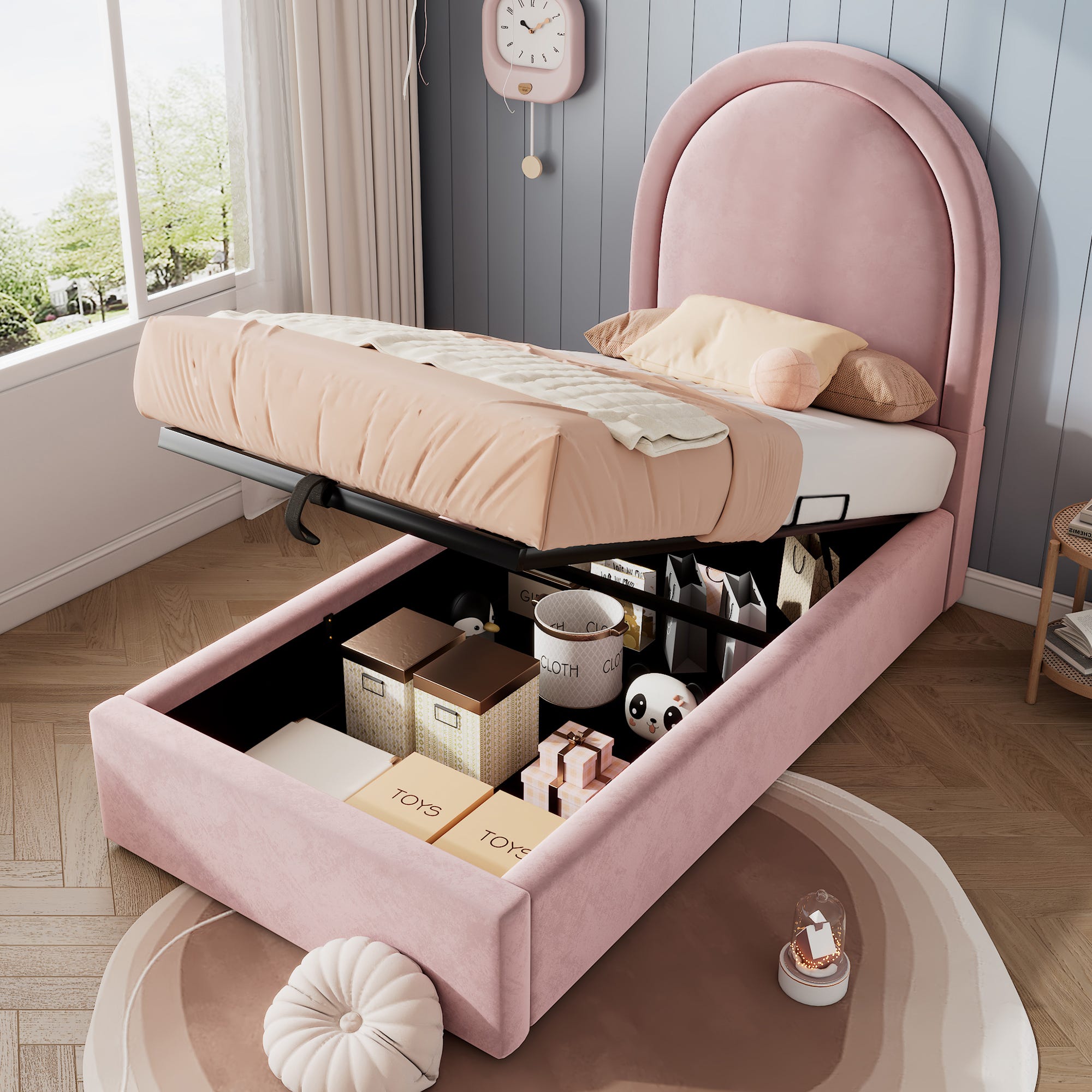 Lit coffre 90 x 190 cm avec tête de lit ronde - Velours - Motif ...