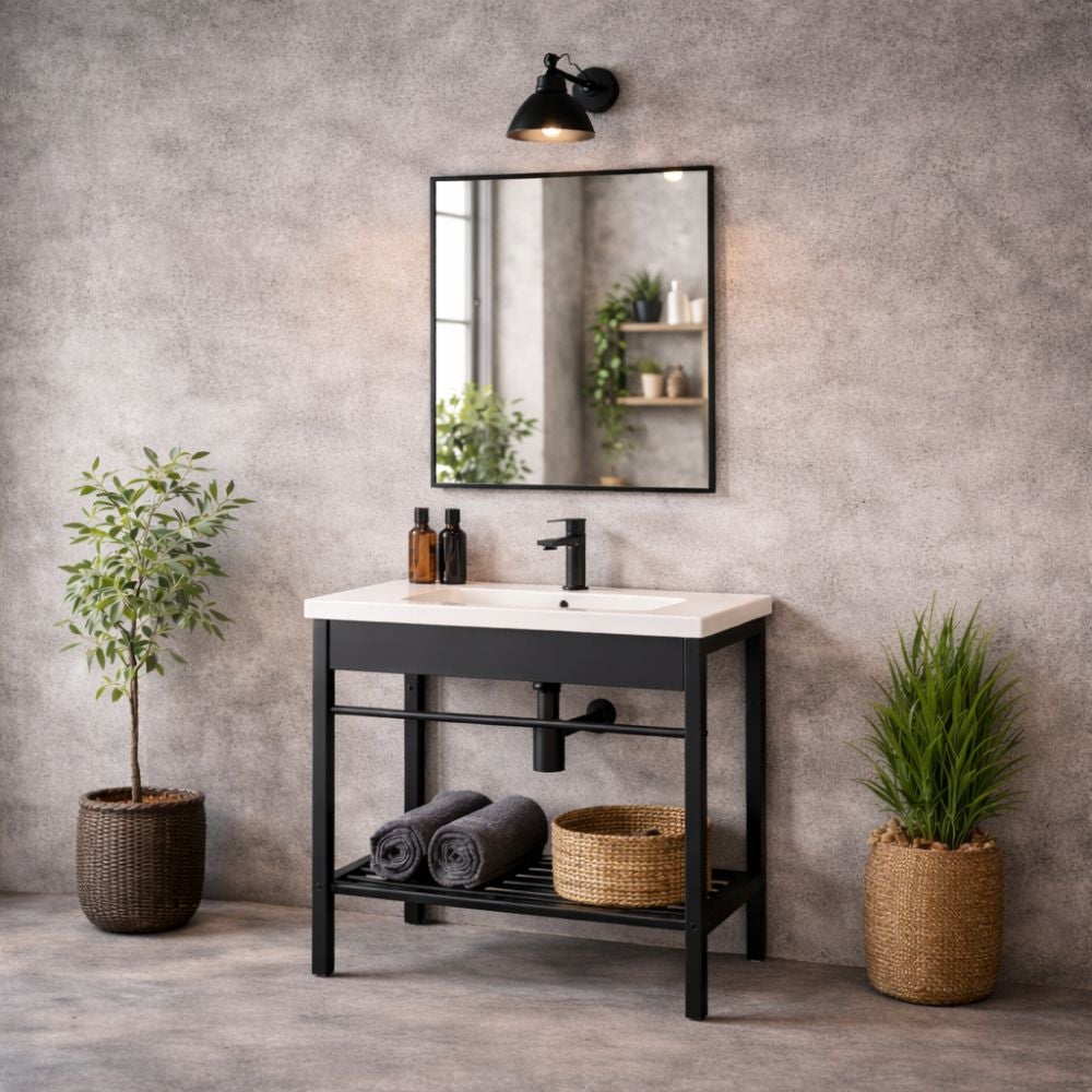 Mueble de baño bajo lavabo de cerámica, espejo y ducha, espacio de almacenaje, acero, 60 cm negro - zik