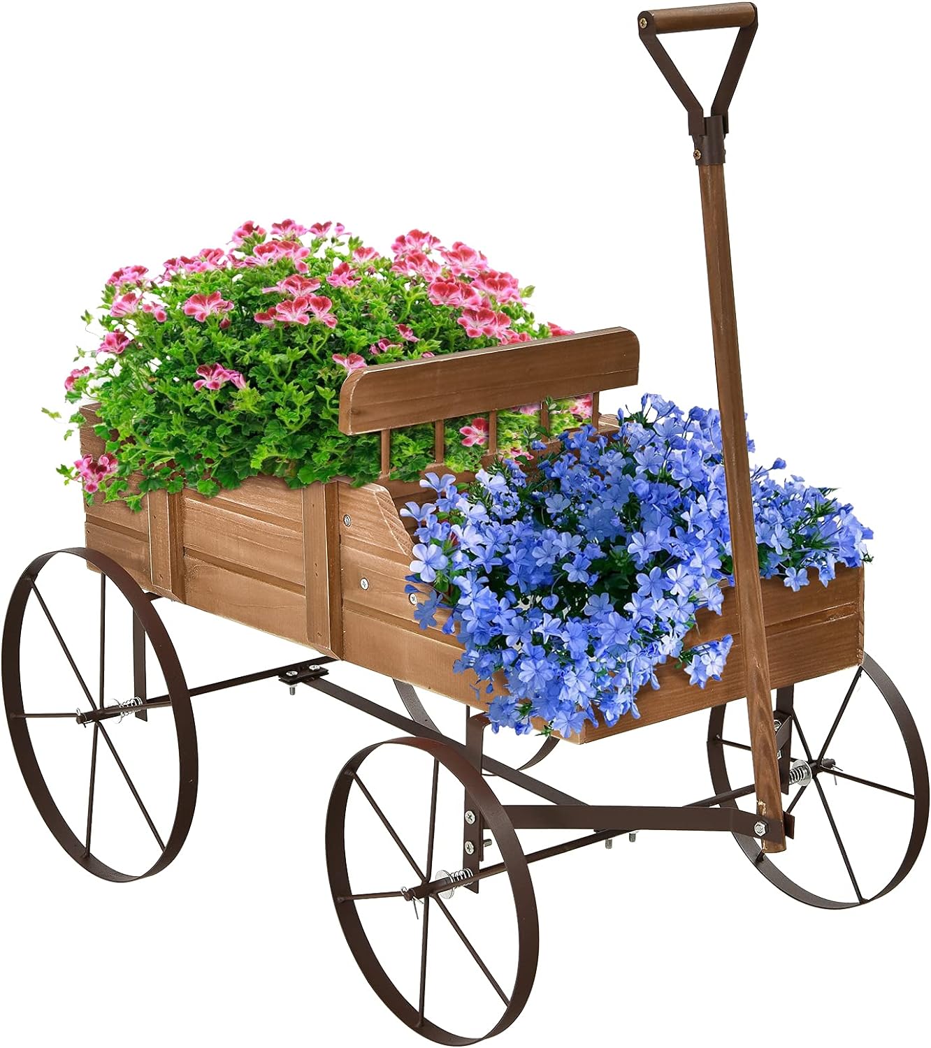 Ozdobna Drewniana Taczka – 35 × 62,5 × 60 cm – 2 Przegródki na Rośliny – Donica w Kształcie Taczki – do 15 kg – Brązowa