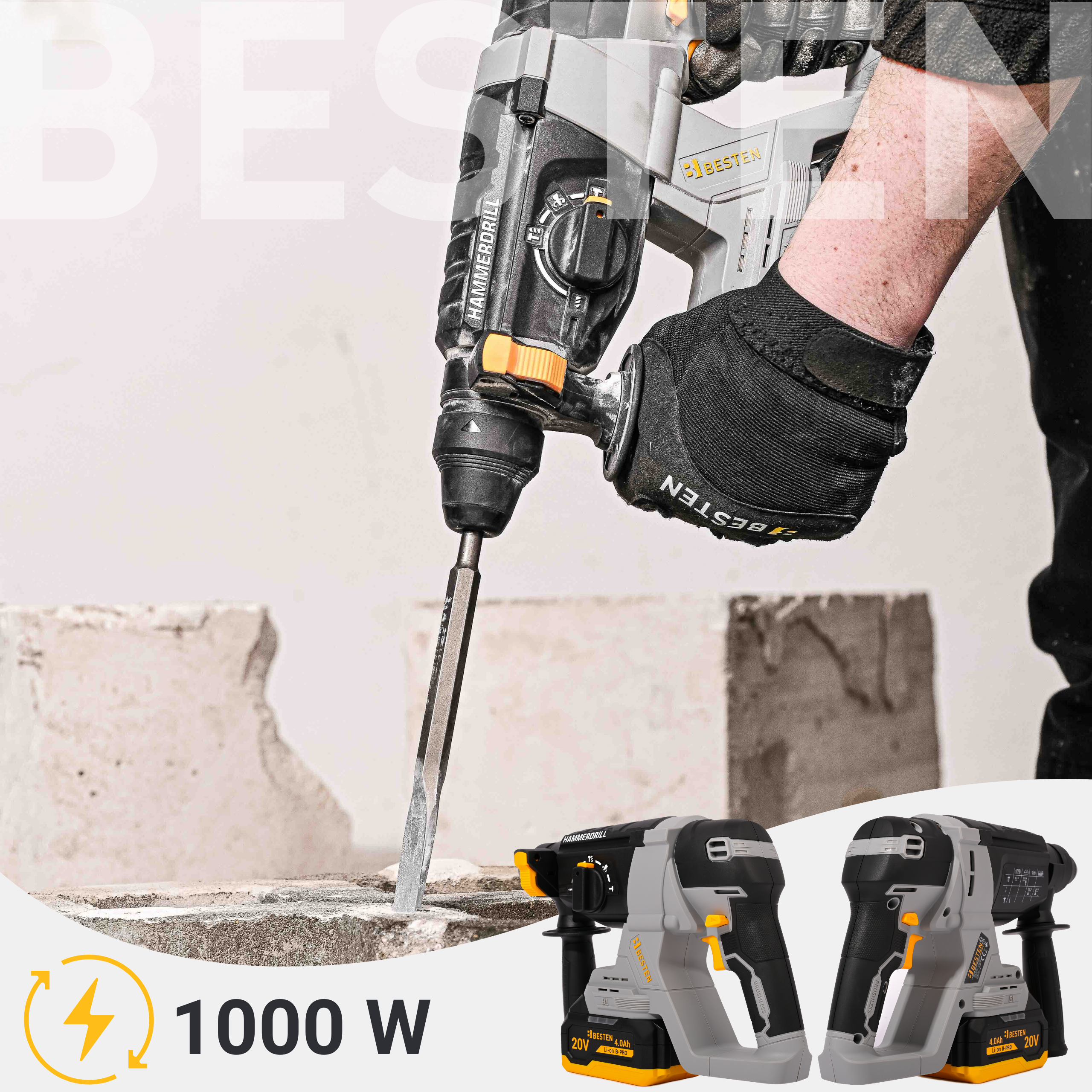 Młotowiertarka akumulatorowa SDS+ BESTEN BE0002904 20V 2J – do betonu, bezszczotkowa, 2x 4.0Ah, walizka - 6