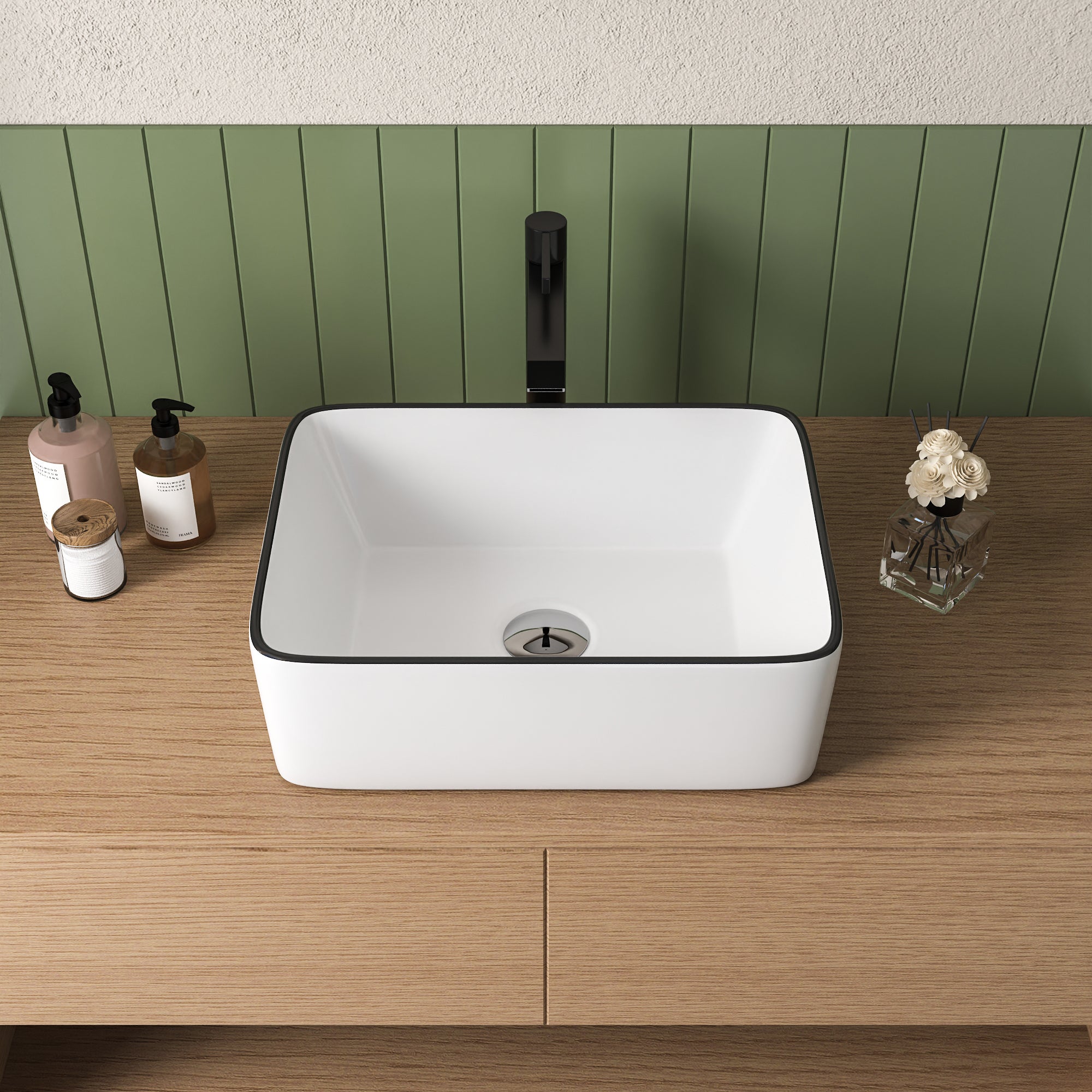 Vasque à poser céramique blanche avec bordure noire, 47,5 x 37,5 x 13 cm, design moderne, parfaite pour salle de bain,DeerValley - 9