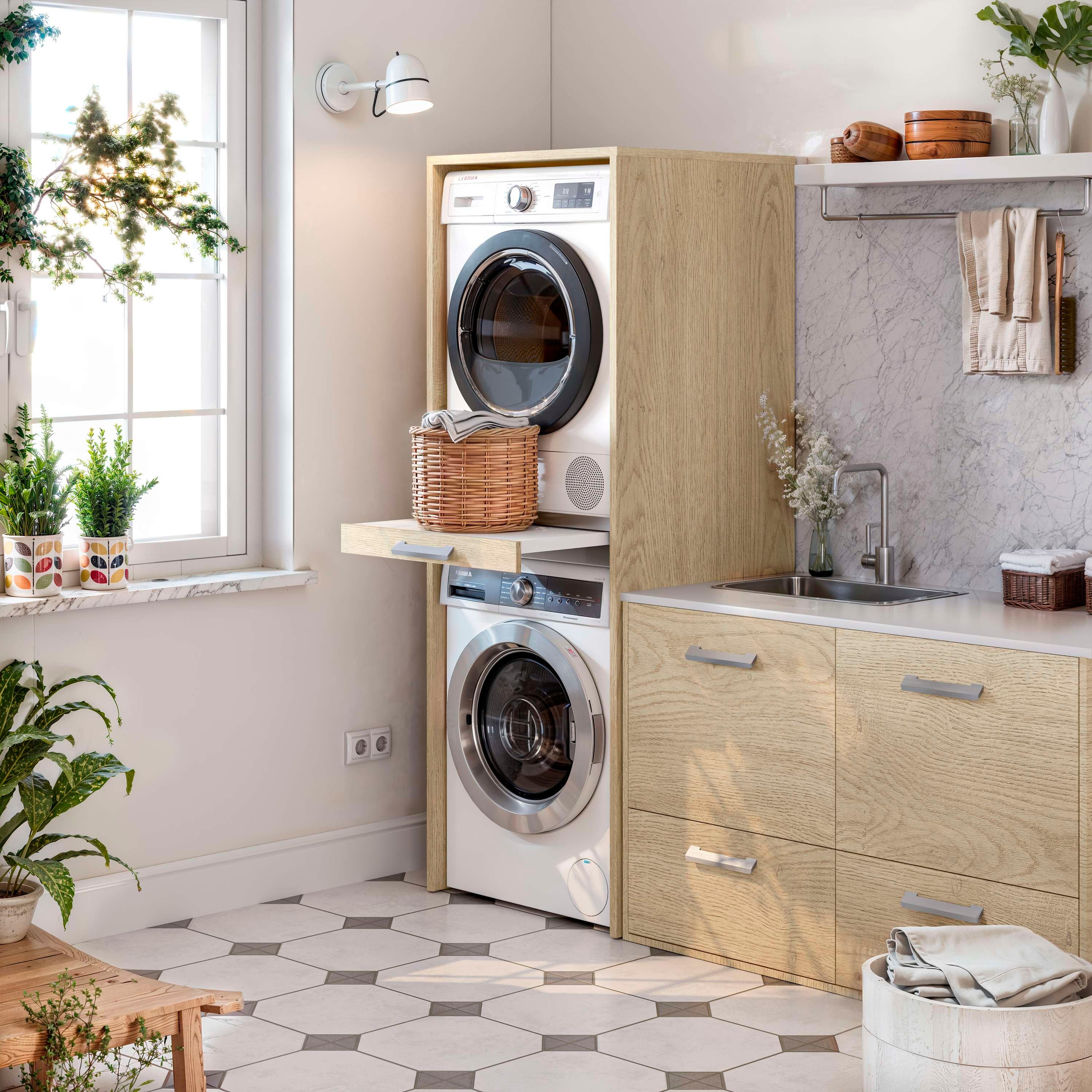 Mueble columna para lavadora y secadora apilables T-BATH 67,2x187,5cm roble - 3