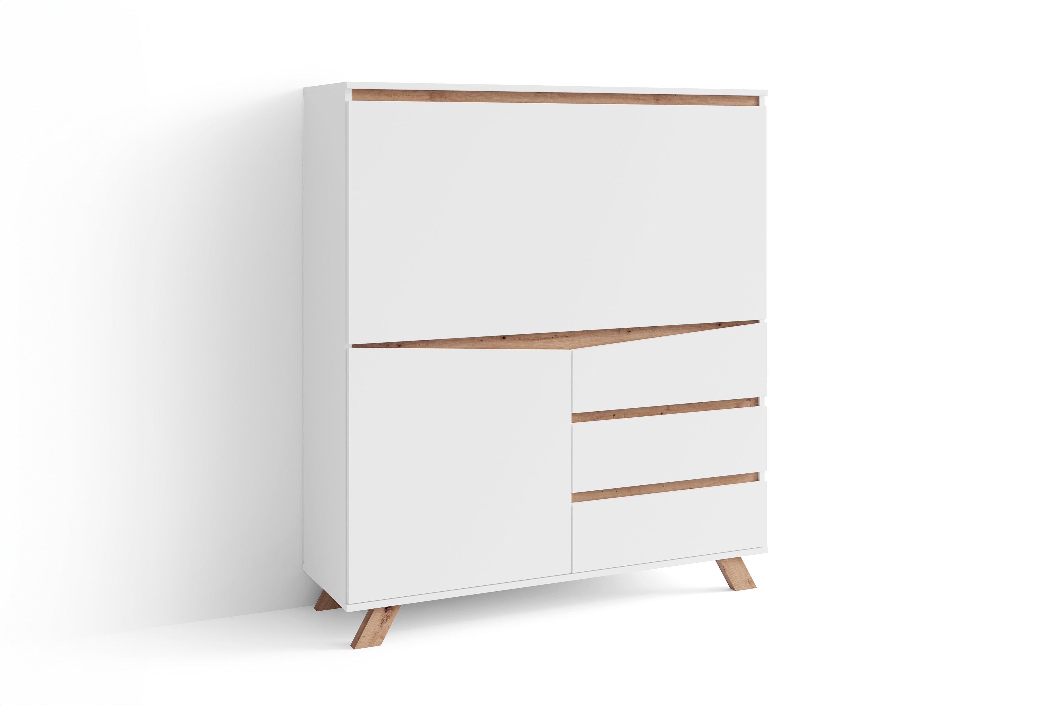 Secrétaire byLIVING VALENTIN / Secrétaire blanc mat avec imitation chêne / Armoire de bureau avec 1 porte et 3 tiroirs / L 120, H 127, P 38 cm - 5