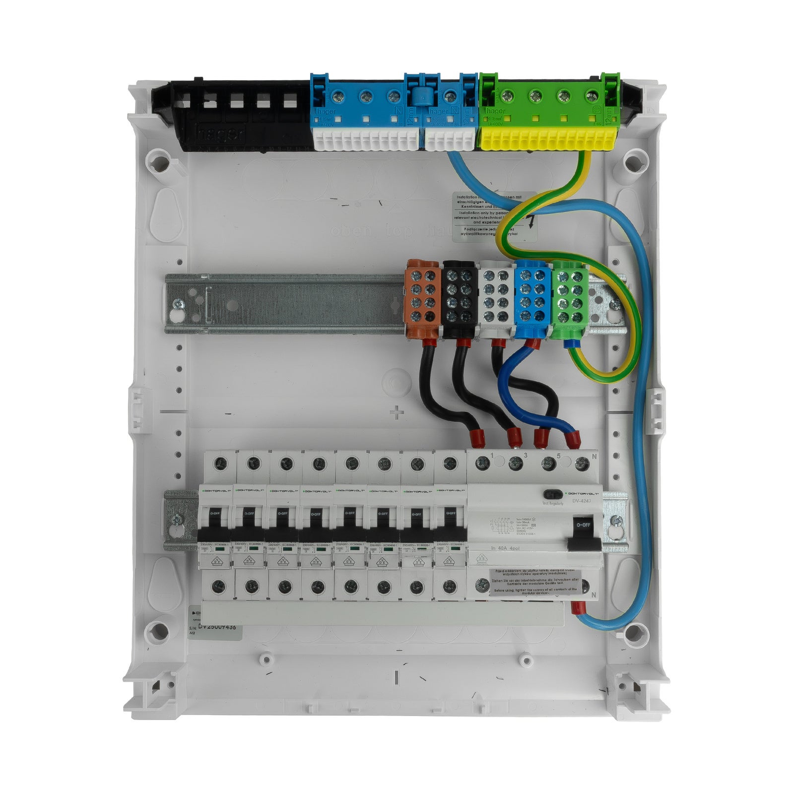 Rozdzielnica modułowa natynkowa 2x12 zabezpieczona 8xMCB 1xRCCB VDE 370x305x96,5mm zaciski rozgałęźne L1, L2, L3, N, PE Doktorvolt DV-6319-NT