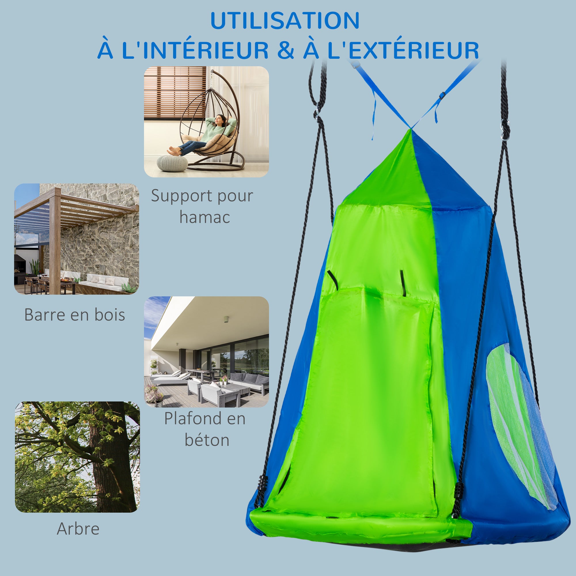Balançoire nid d'oiseau avec tente amovible - Vert et Bleu - 5