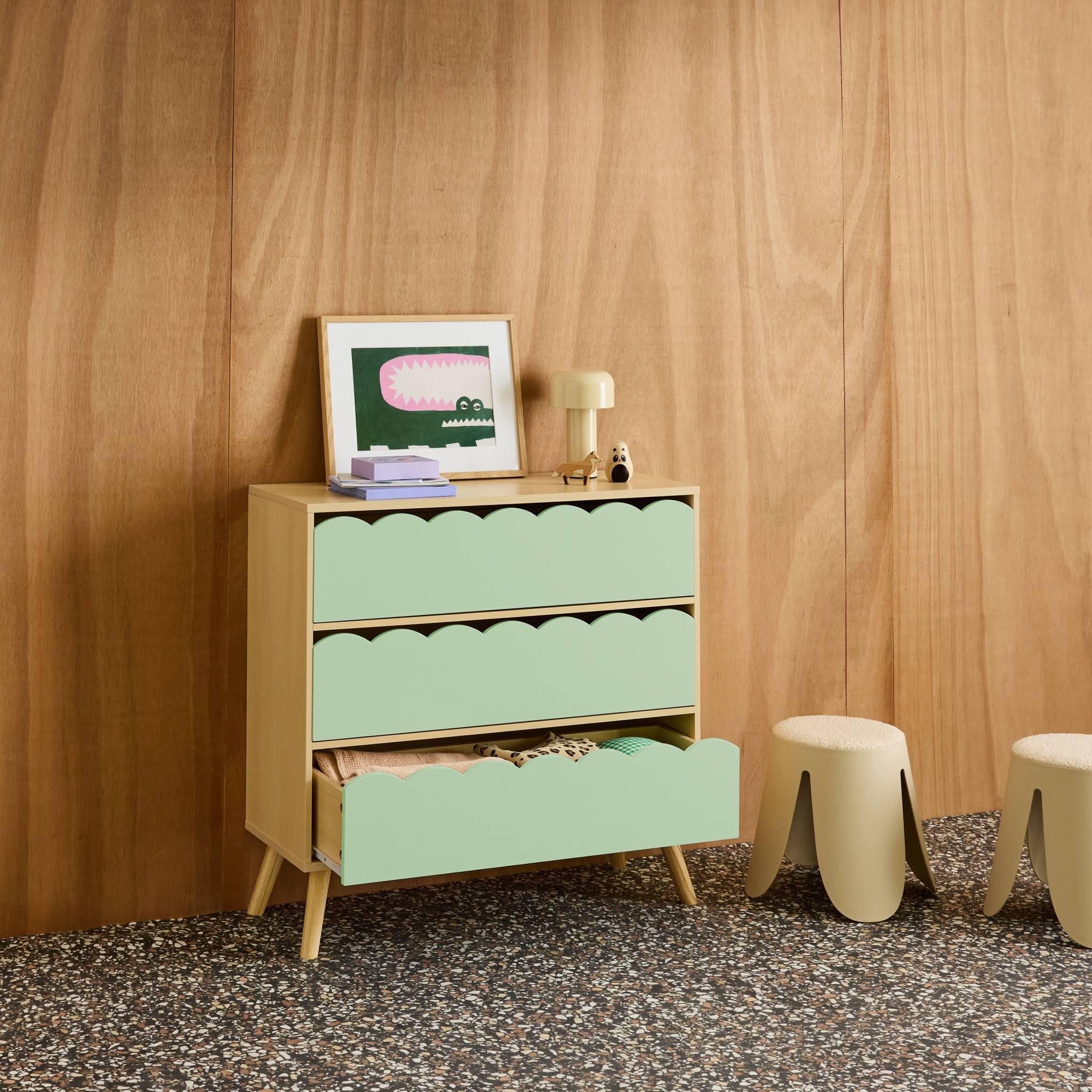 Commode enfant décor bois vert 3 tiroirs. pieds bois de pin - 80 x 30 x 79 cm - Azur AZUR - 5