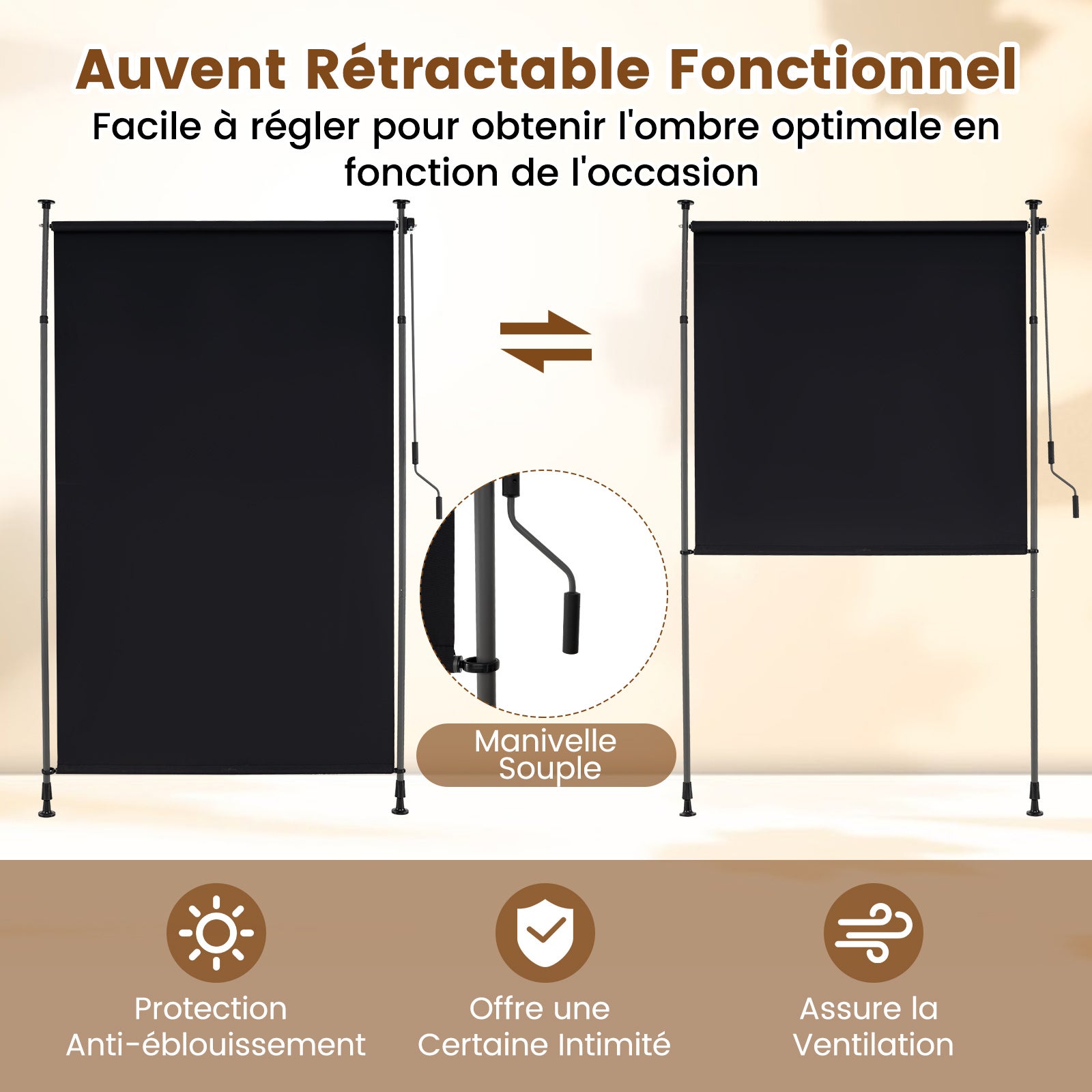 Store Auvent Vertical Manivelle Hauteur Réglable 150 X 220-310 CM, Store Extérieur Rétractable Sans Perçage, Écran Intimité pour Balcon, Noir - 5
