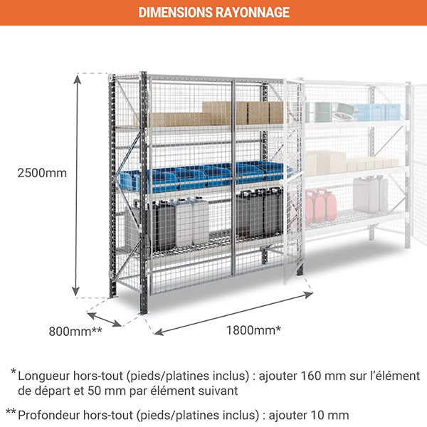 Rayonnage grillagé et verrouillable - 3 niveaux - Module suivant - 2500x1800x800mm - RAYGRIL/3N/2580/S - 2