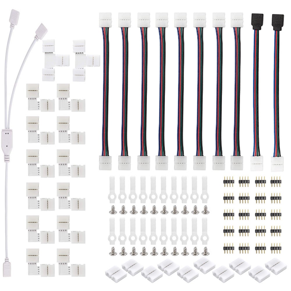 Złącze kabla taśmy LED, zawiera 8 złączy w kształcie litery L,4-stykowy kabel rozdzielający LED,4 kable przedłużające taśmy LED,5 narożnych złączy LED