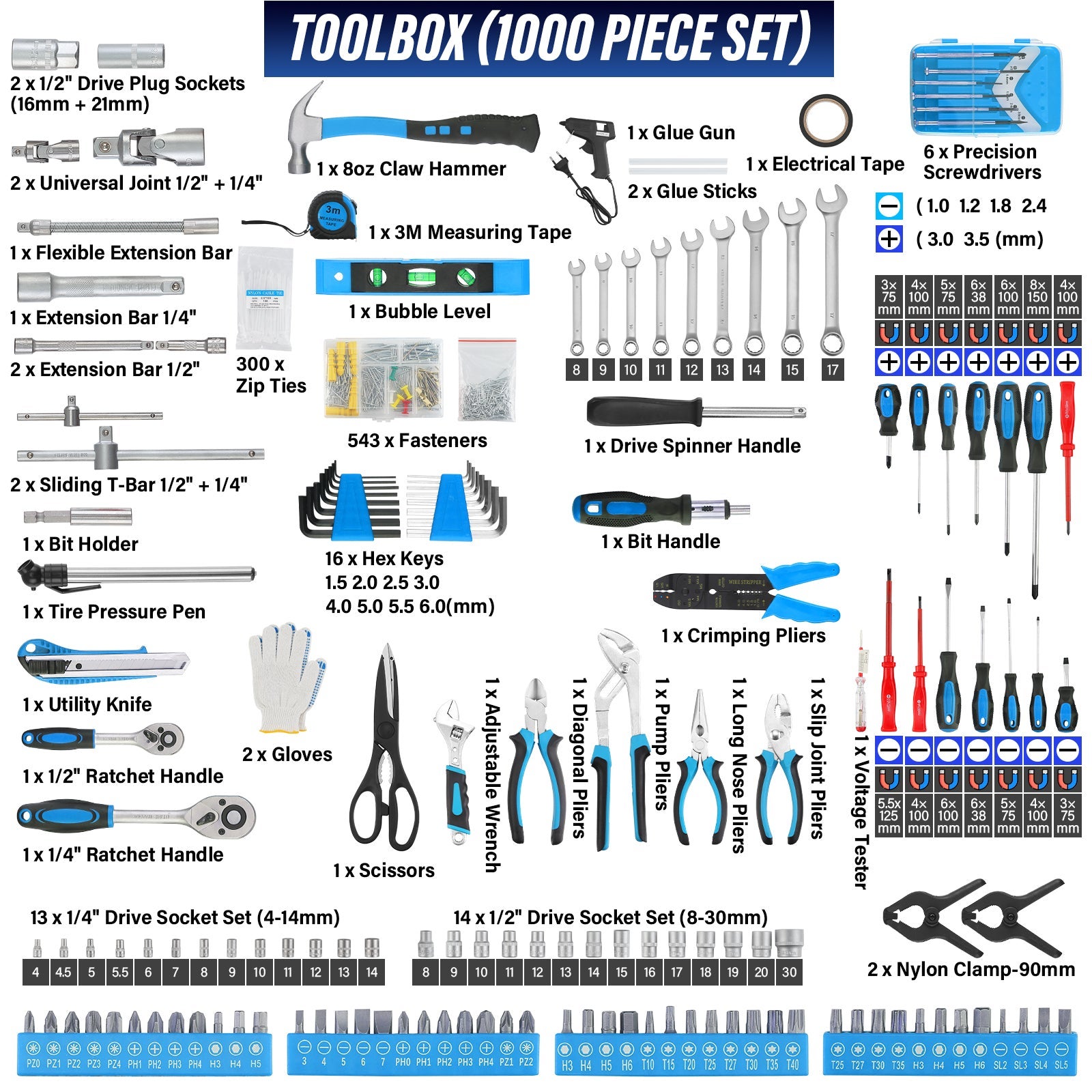 TEENO Boite à Outils 1000 Pièces, Outil Multifonction avec Valise Aluminium et Poignée Télescopique , Malette Outils Roulante pour Maison et Auto - 2