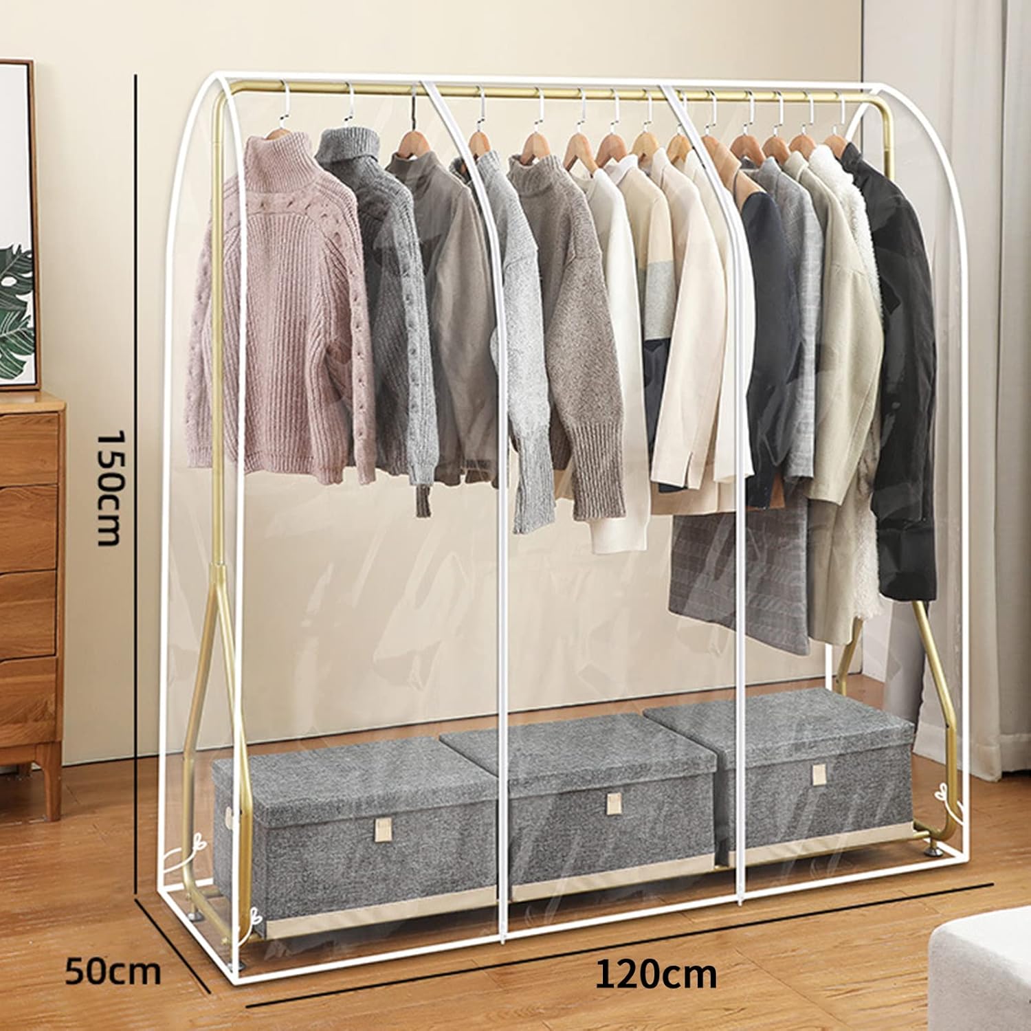 Housse transparente pour portant à vêtements avec 2 fermetures éclair robustes – imperméable et anti-poussière – taille M : 150 x 50 x 150 cm