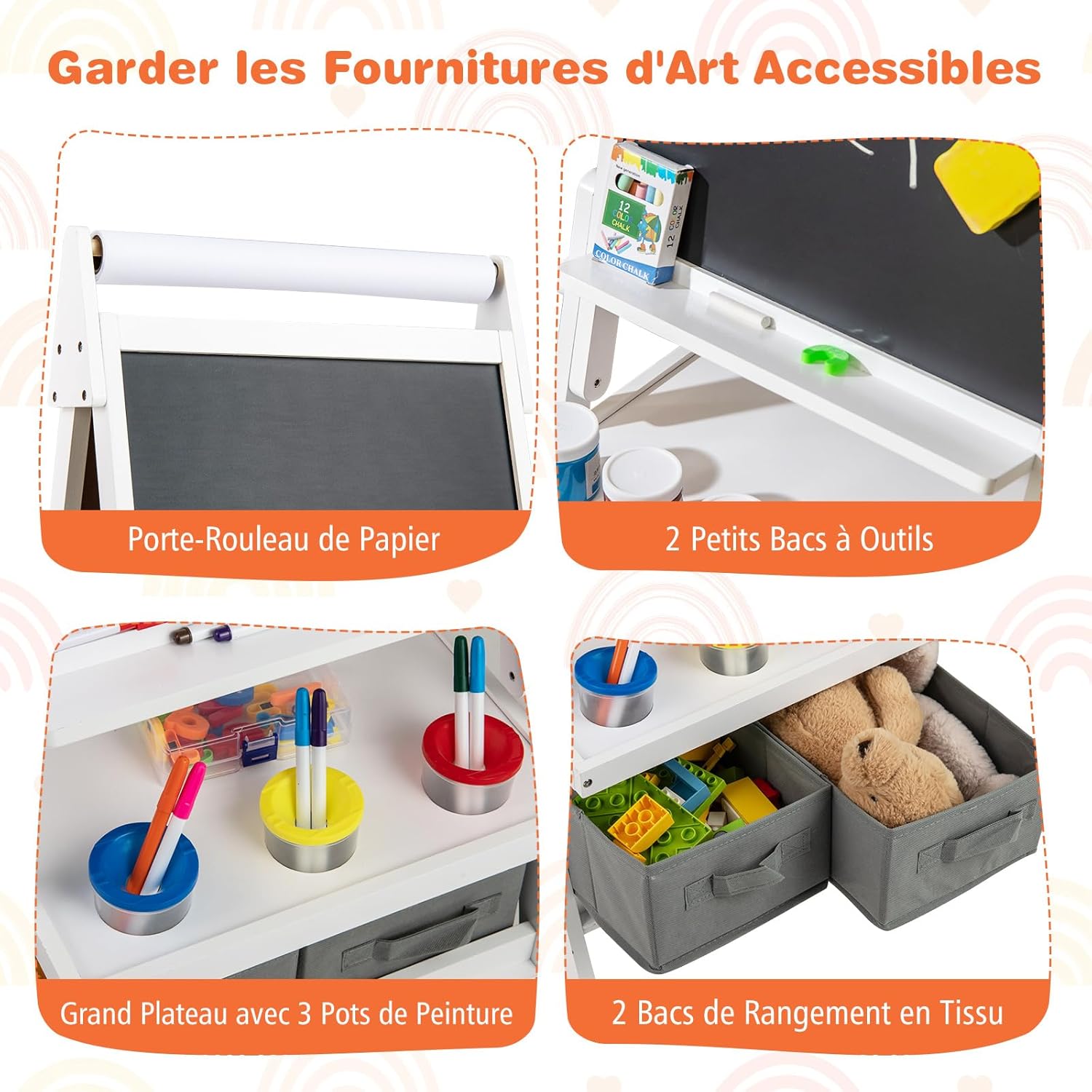 Tableau Enfant Double Face 3 en 1, Chevalet Enfant avec Tableau Blanc Noir et Rouleau de Papier, Chevalet Peinture en Bois, pour 3 à 6 Ans (Blanc) - 4