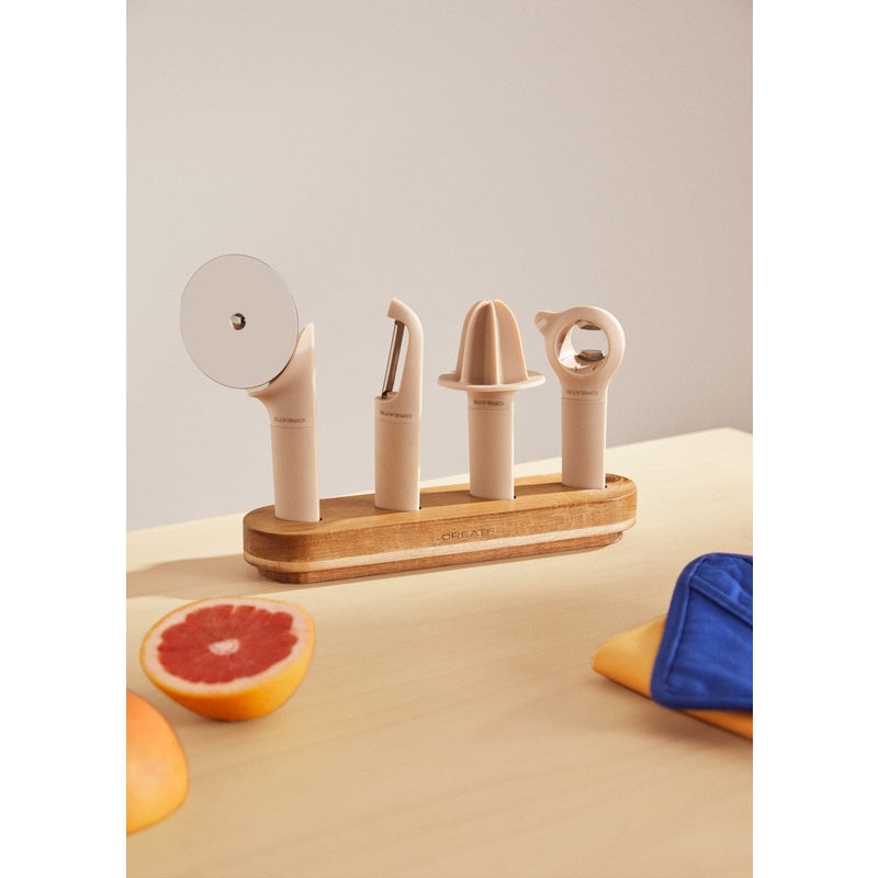 KITCHENWARE STUDIO - Zestaw 4 przyborów kuchennych z drewnianym stojakiem