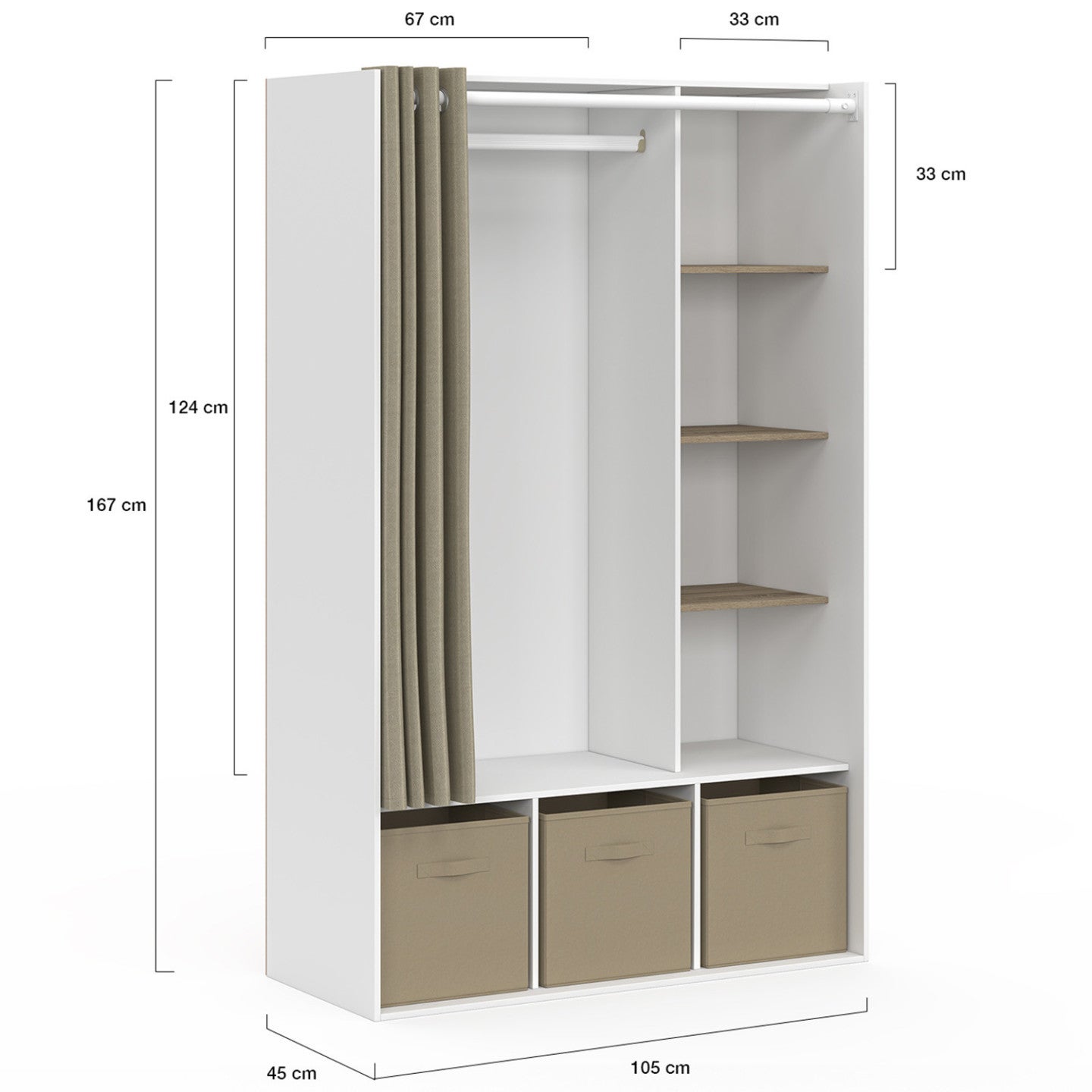 Dressing penderie DIANE 105 x 45 x 167 cm blanc avec étagères + boites de rangement + rideau taupe - 4