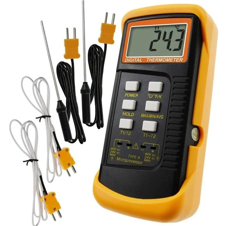 (149×71×41mm) Termometr typu K z czujnikiem termopary 1300 °C (°C, °F i K z 4 termoparami (przewodowy i ze stali nierdzewnej)