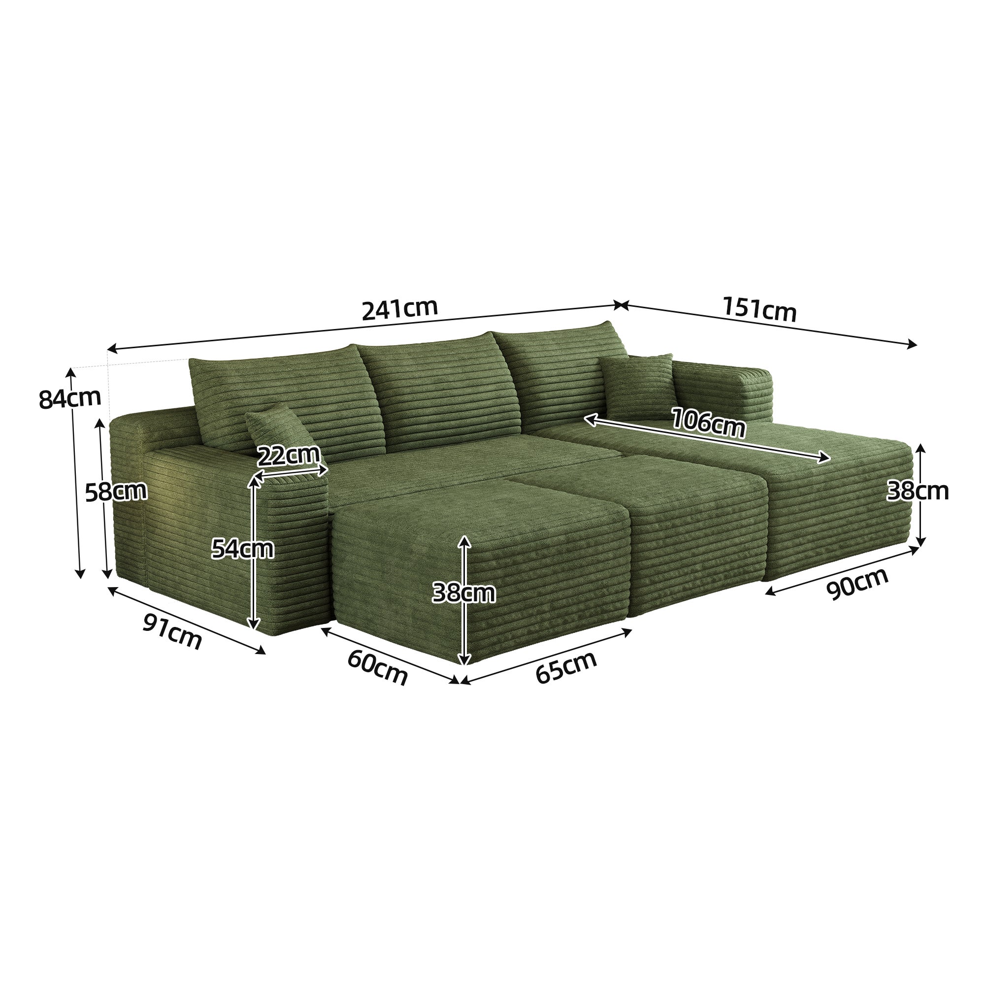 Canapé Modulaire compresse 241x151x58cm avec 2 repose-pieds et coussin, Canapé d'Angle Côté droit Velours Côtelé, Assise Profonde,Canapé 3 Places Vert - 9
