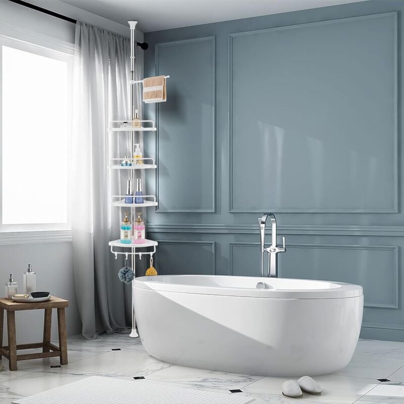 100-320cm Étagère d’Angle de Douche Téléscopique Sans Percage avec 4 Paniers et 2 Porte-Serviettes pour Baignoire et Salle de Bain Blanc - 4
