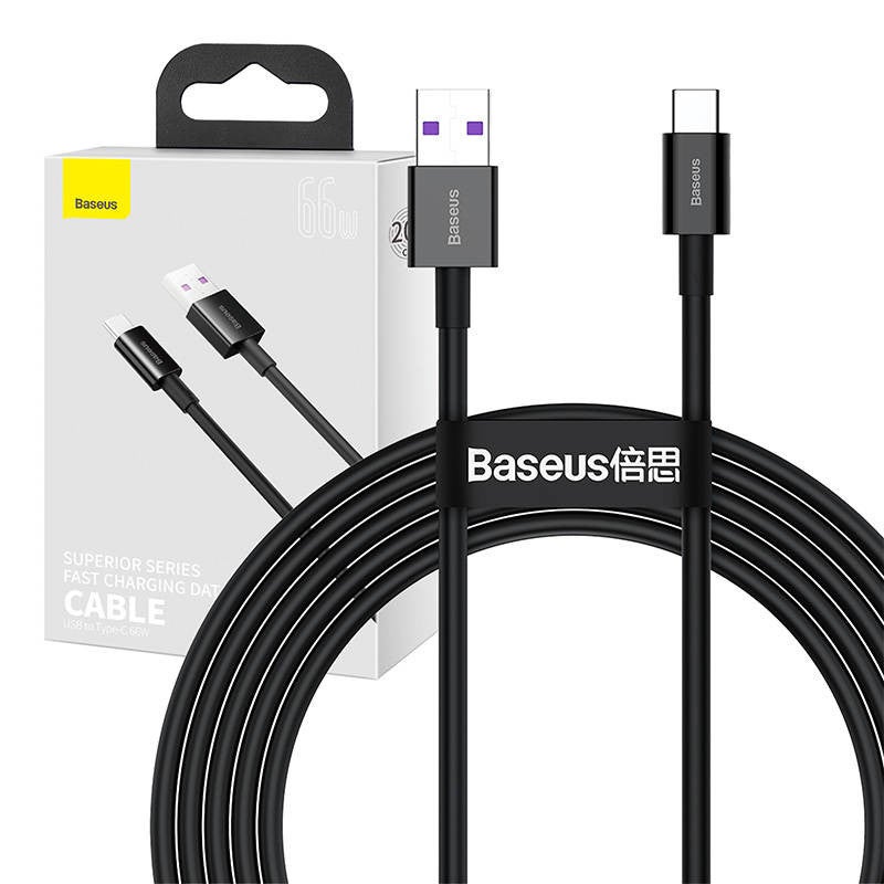 Baseus Cavo USB A Type-C 66W 2m - Ricarica Veloce E Sincronizzazione Dati Per Smartphone, Tablet E Dispositivi USB-C - Colore Nero