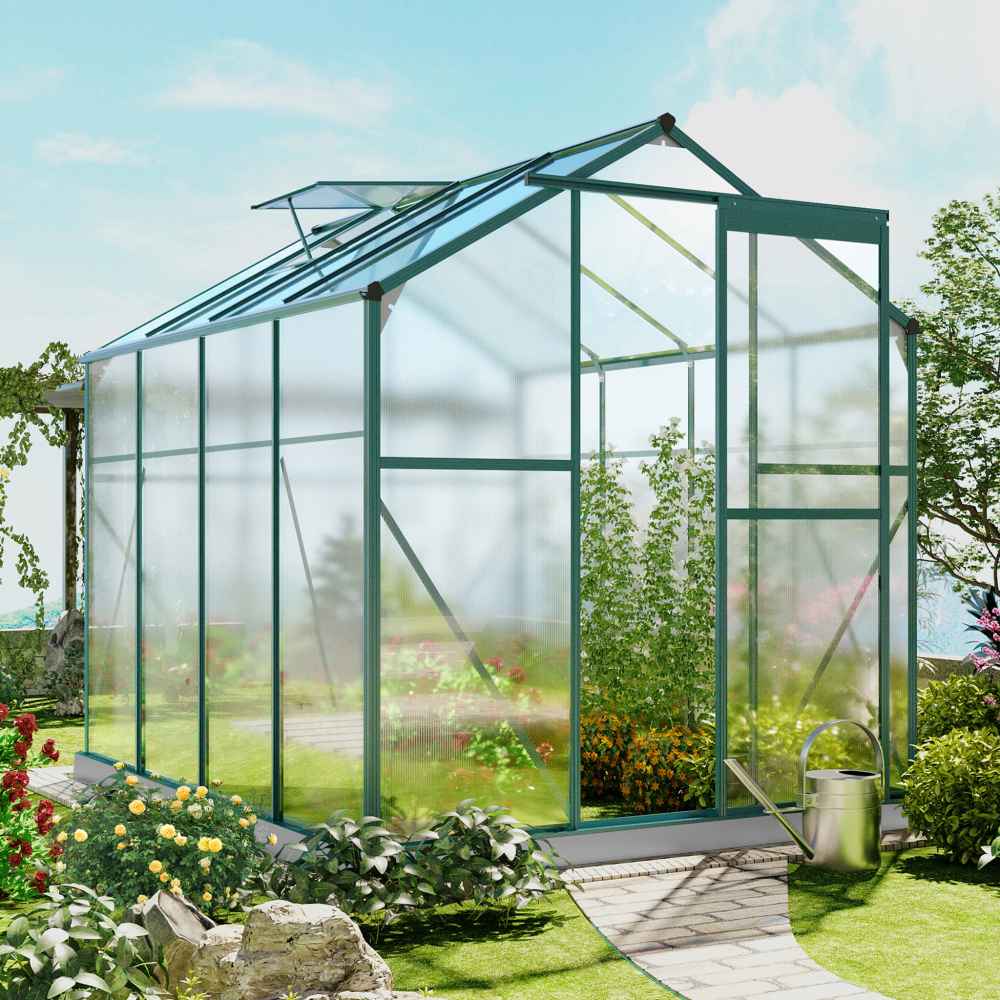 Szklarnia Aluminiowa 4,75 m² z Fundamentem, Przezroczysty Poliwęglan, Okno Dachowe i Drzwi Przesuwne do Ogrodu, Szklarnia na Rośliny i Pomidory