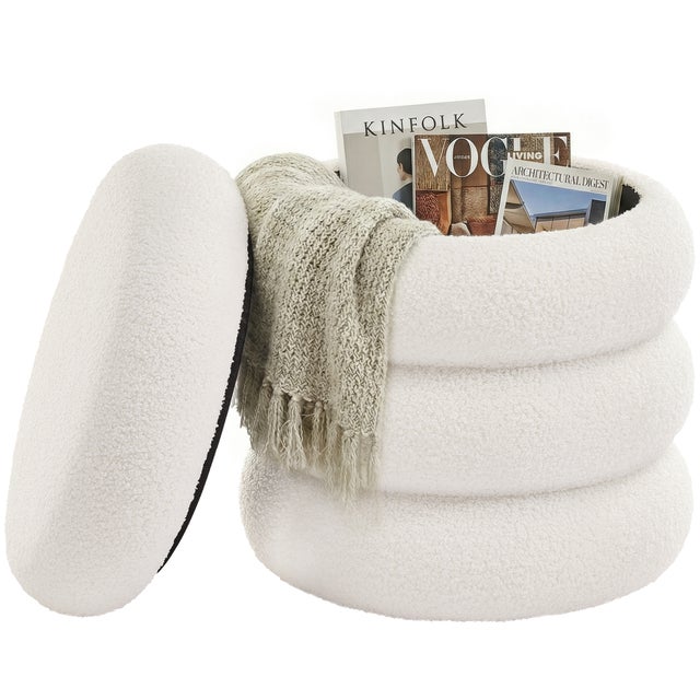 Tabouret de Coiffeuse Rond, Rembourré, avec Rangement, Couvercle Amovible, en Tissu Peluche Teddy, Blanc