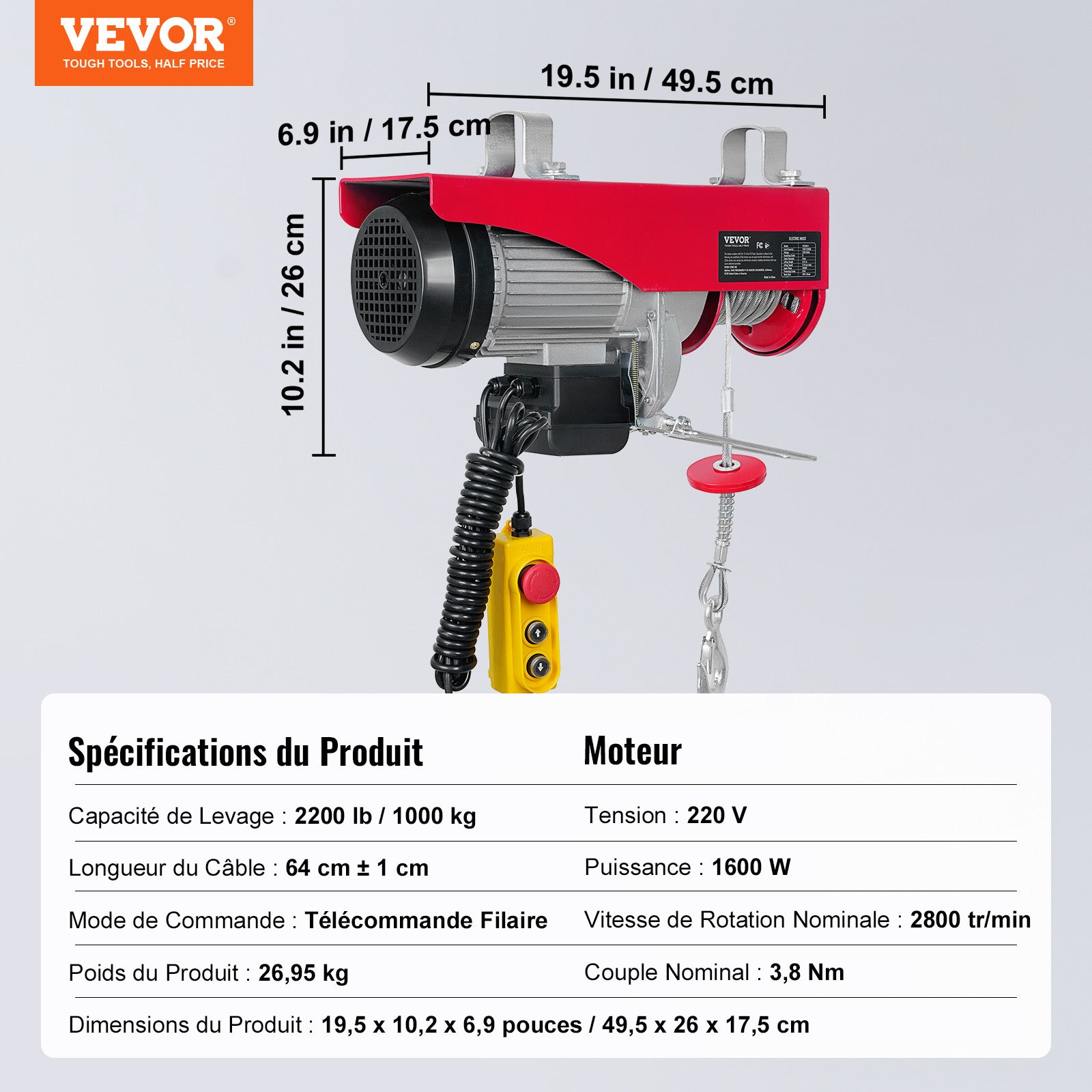 Palan électrique VEVOR Treuil à Câble 1000 kg 1600 W avec Télécommande Filaire 4 m, 10 m/min, Câble 12 m, Moteur Cuivre Pur pour Garages et Entrepôts - 7
