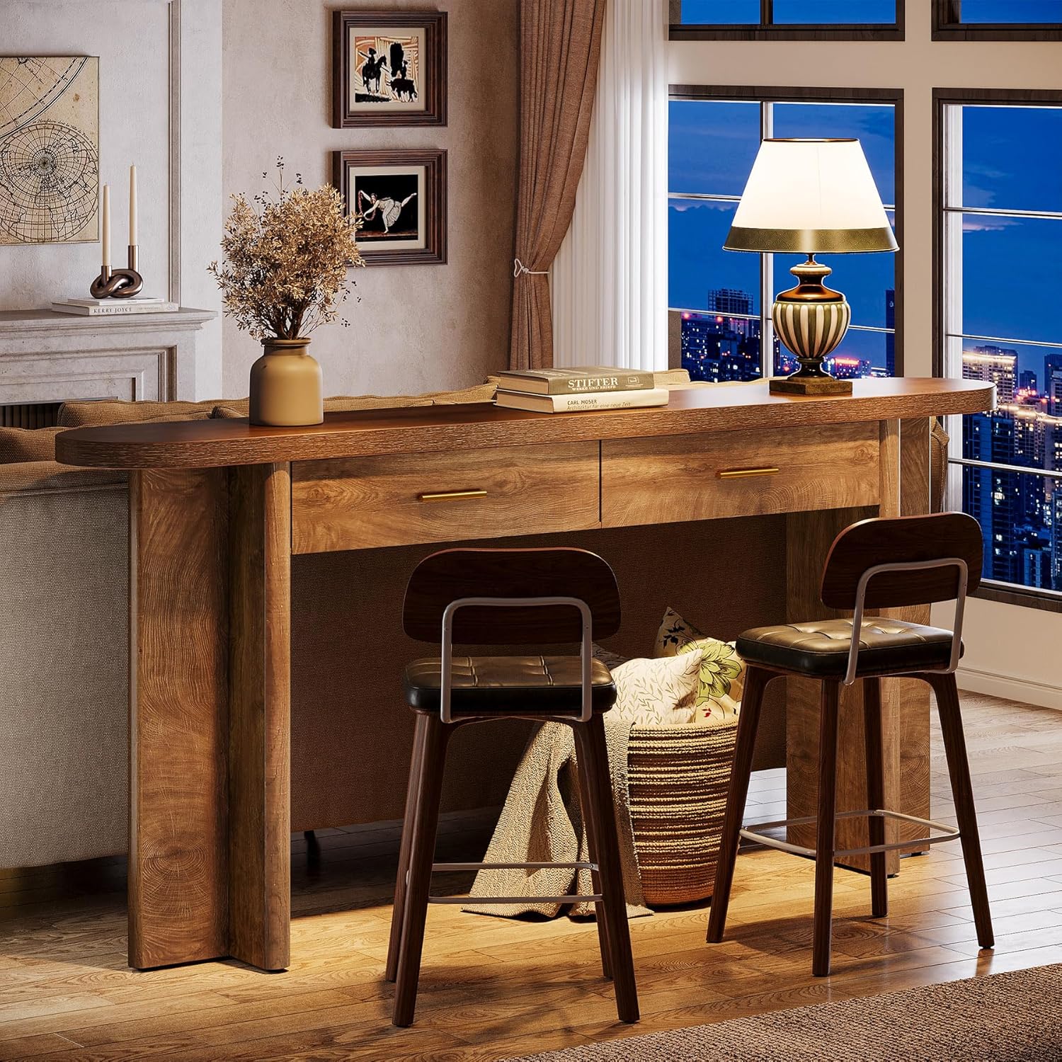 Tribesigns Console 160 cm avec 2 tiroirs - Style fermier élégant et rangement pratique, plateau ovale courbé - 7