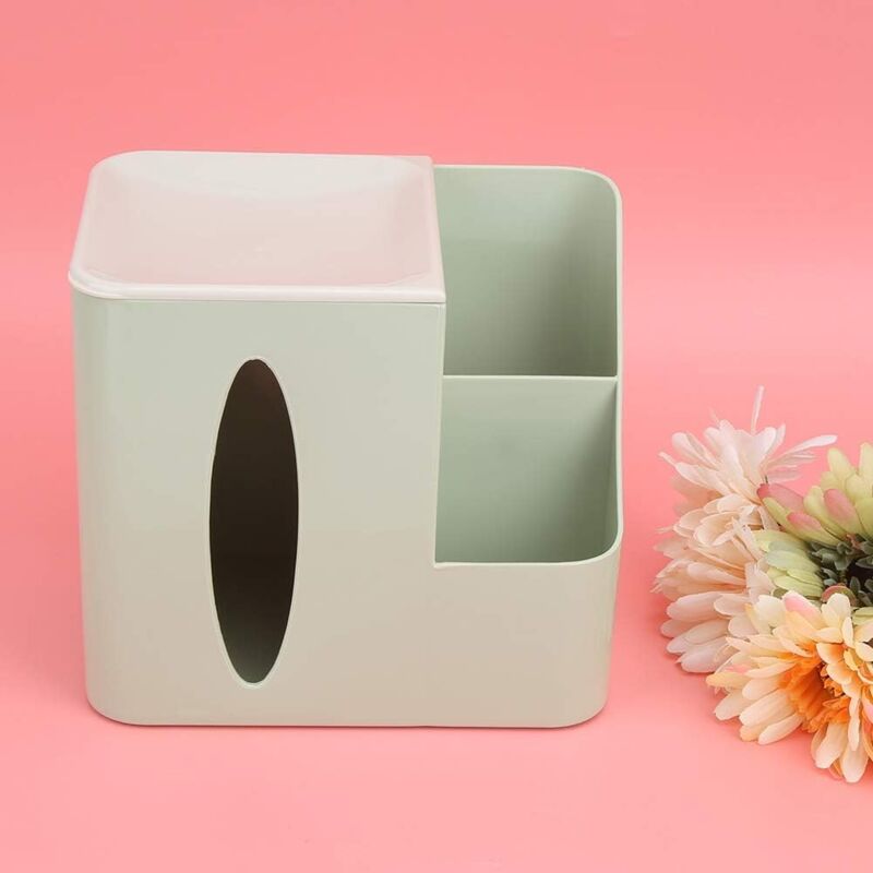 Prostokątne, wielofunkcyjne pudełko na chusteczki z kwadratową pokrywką i boczną półką do łazienki (zielone)