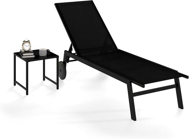 GIANTEX Bain de Soleil avec Table Basse,Dossier Réglable à 6 Niveaux,2 Roues,Tissu Respirant,Table en Verre Trempé,pour Balcon Piscine Porche,Noir