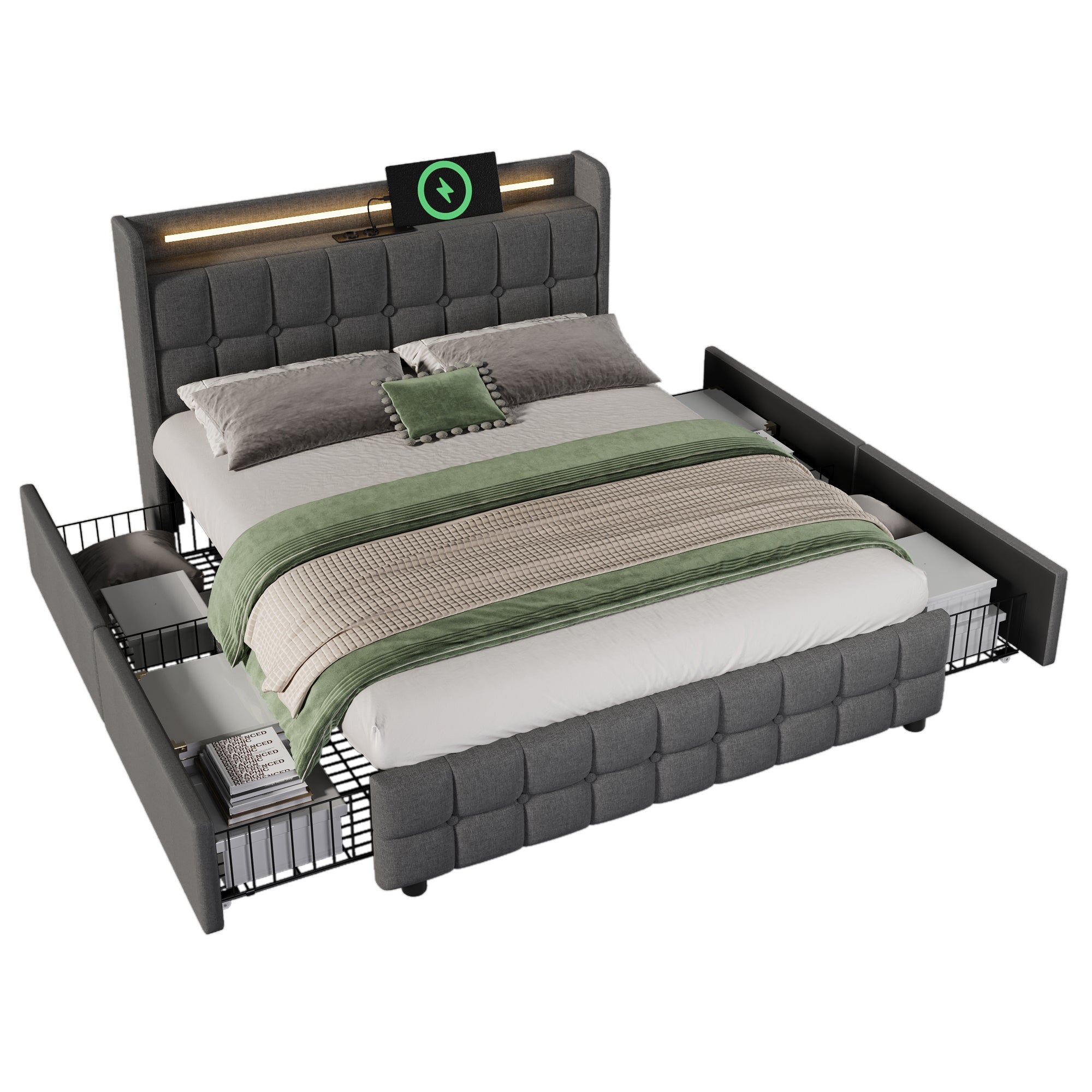 Cama tapizada 160x200cm en lino - con LED y puertos de carga USB - 2 cajones - Gris - 6