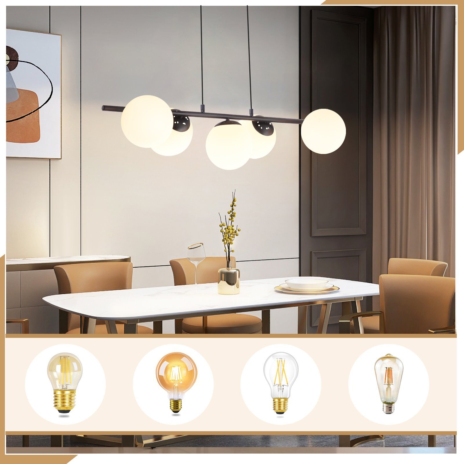 NETTLIFE Lampa wisząca czarna E27 Szklana lampa wisząca 5-płomieniowa Nowoczesna lampa do jadalni 150CM - 3