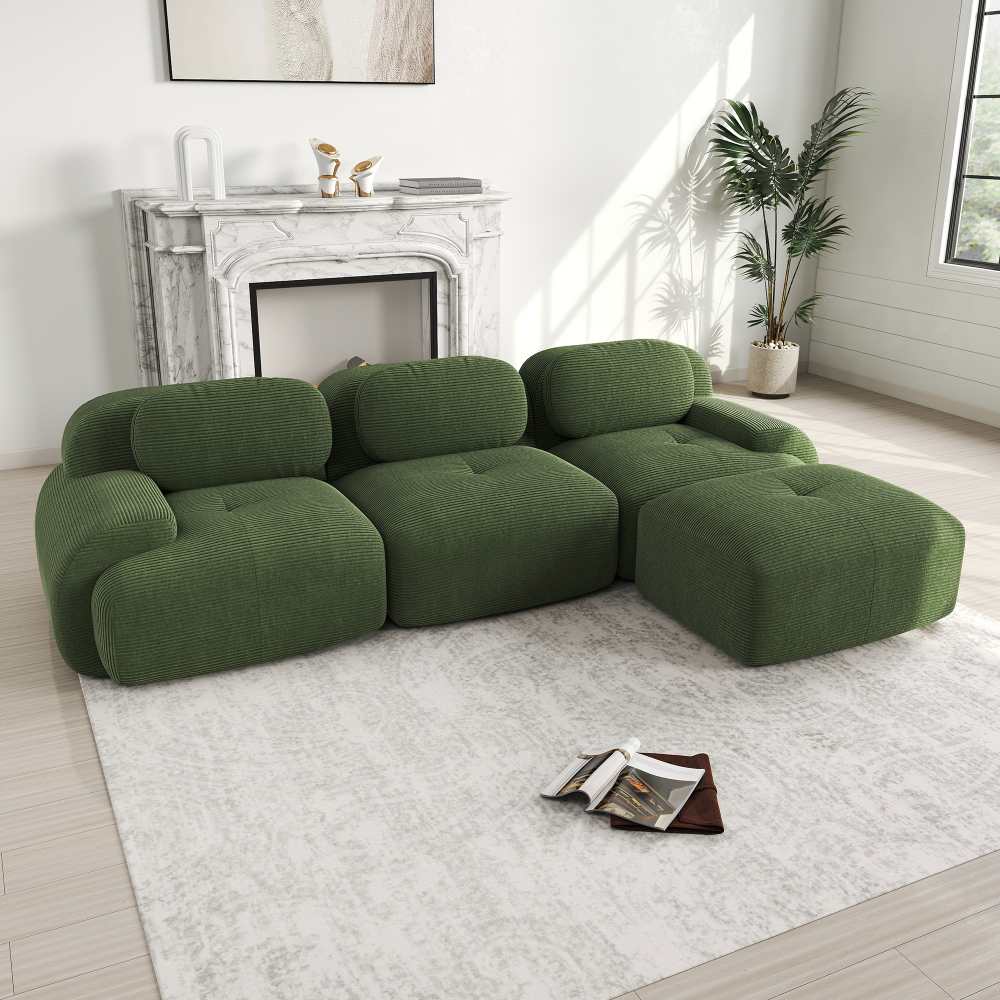 Canapé d’angle modulaire en velours côtelé avec assise ergonomique, accoudoirs larges, mousse haute densité 32D et design sans montage - 3