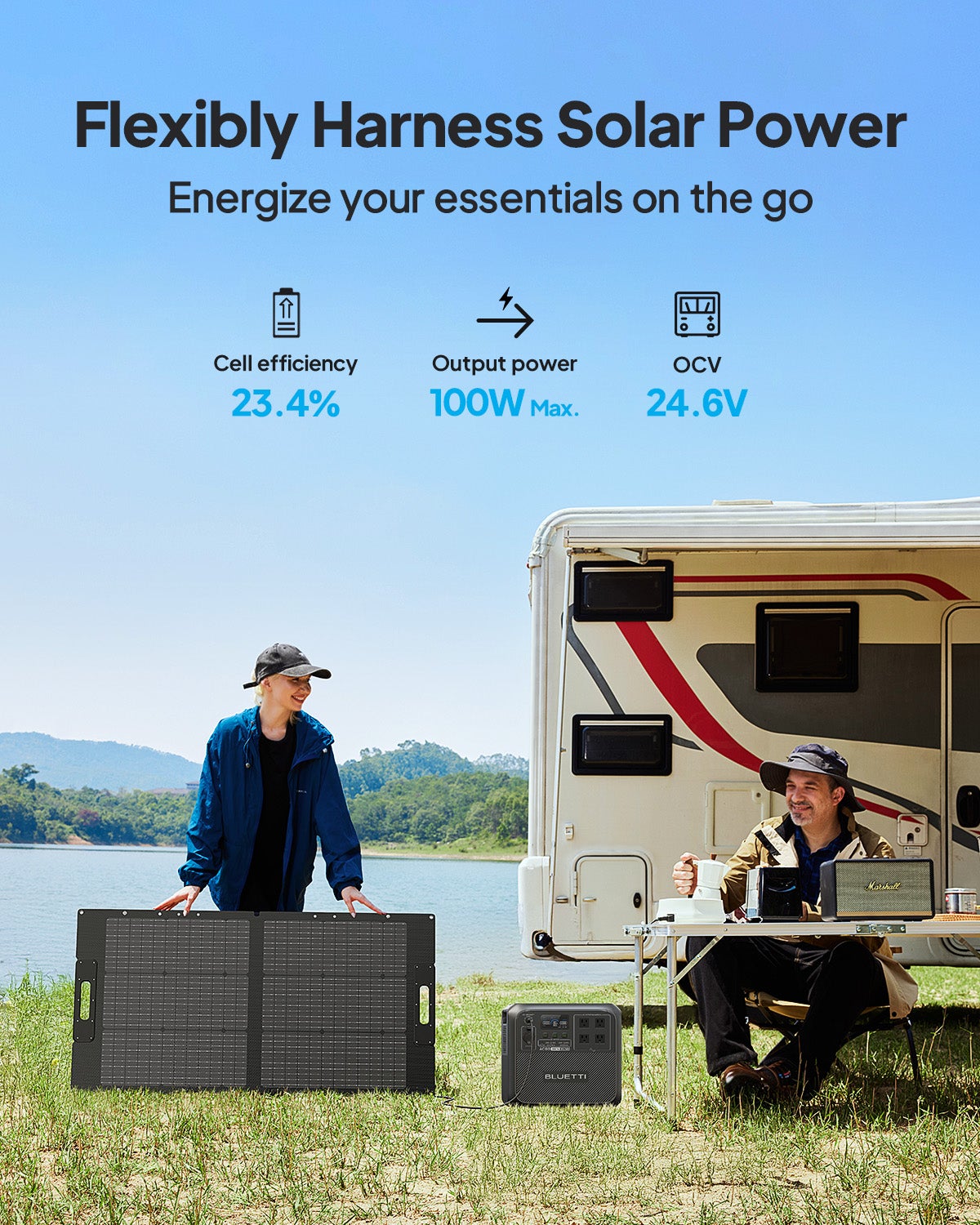 BLUETTI 100W Painel solar para estação de energia portátil AC2A EB3A AC50B AC70 AC180 AC200L AC300, carregador solar dobrável com pernas ajustáveis - 2