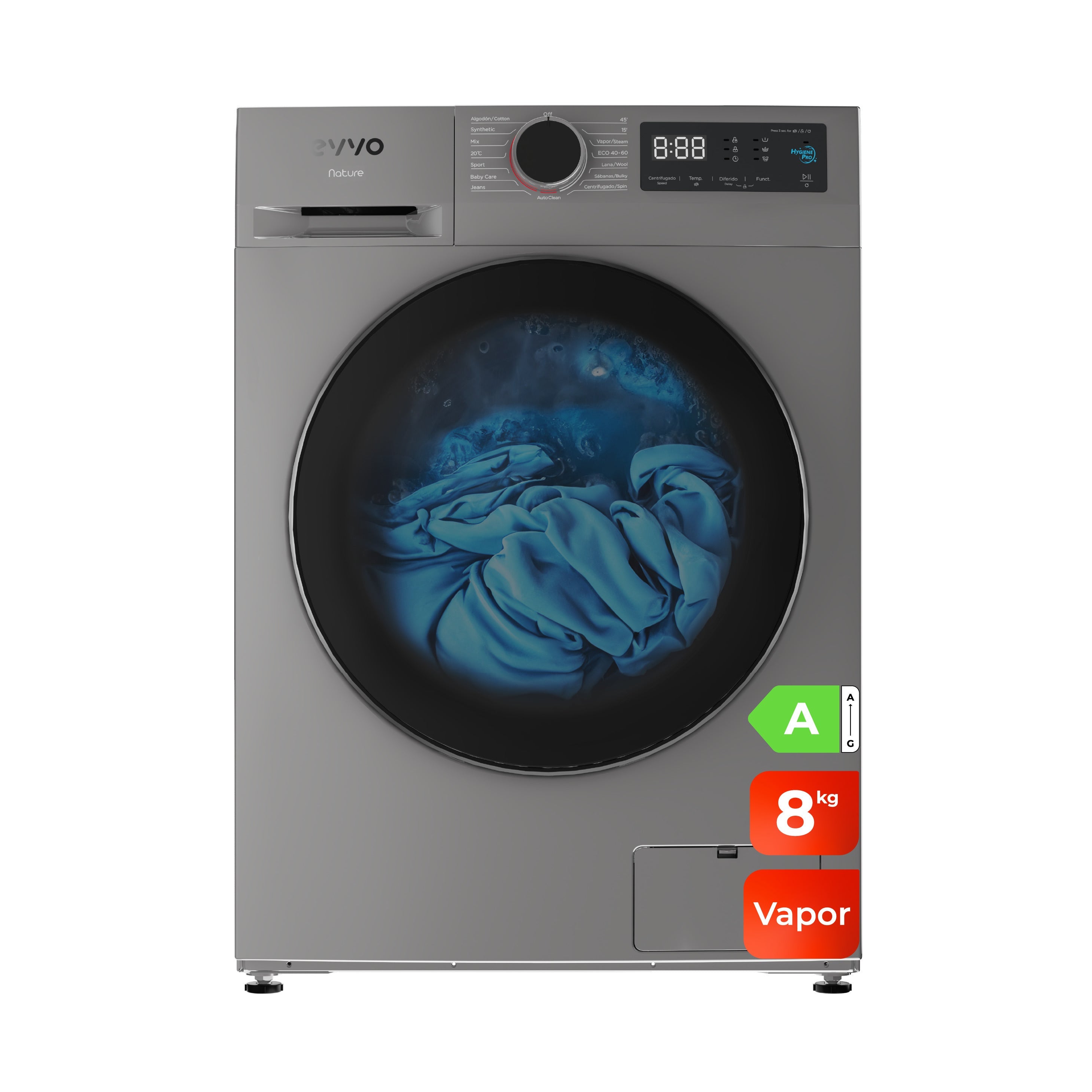 Evvo Inox Lavadora 8 Kg Carga Frontal Nature 8, 1350 Rpm, Clase Energética A, Motor Inverter, Tambor Diamante Eprotect, Vapor - Imagen 4