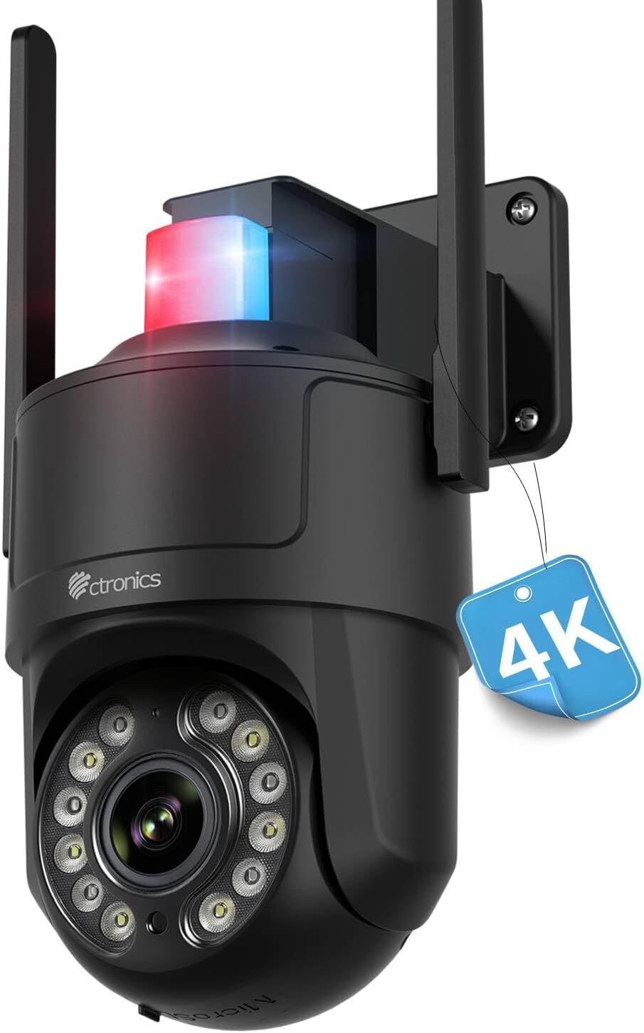 Ctronics Zewnętrzna Kamera Monitoringu 4K WiFi 2,4/5GHz – Widzenie Nocne 30 m, Wykrywanie Ludzi/Pojazdów/Zwierząt, Alarm Czerwono-Niebieski i Syrena